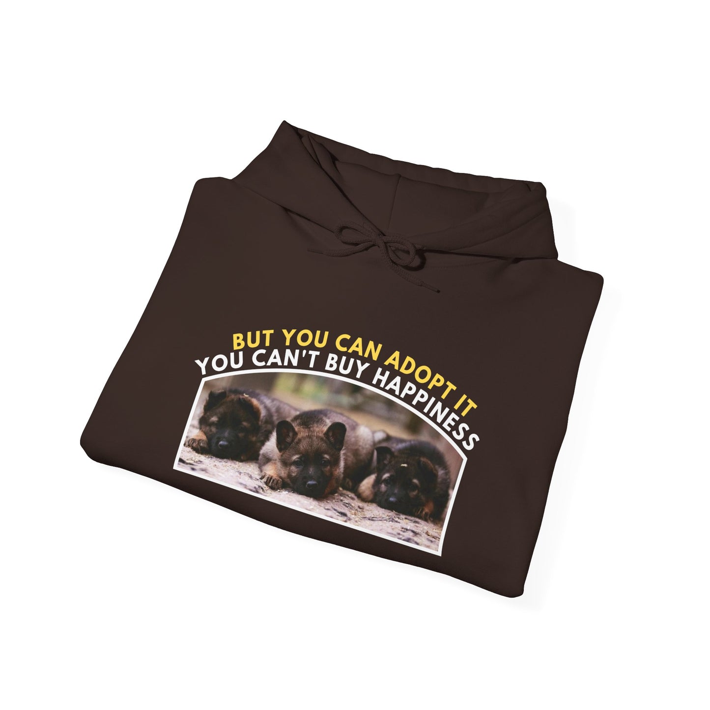 Unisex Dog Lover Hoodie With Three Cute German Shepherd Puppies Sitting in a Row and Caption You Can't Buy Happiness But You Can Adopt It