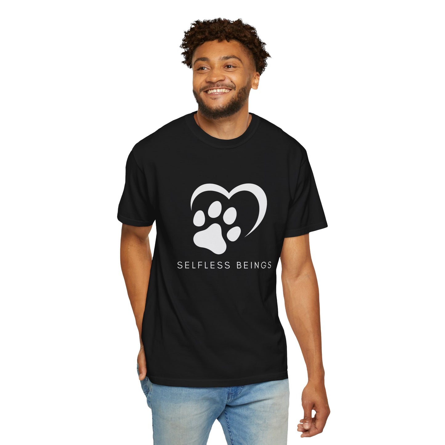 Unisex Dog Lover T-Shirt With Graphic of Half Heart and Dog Paw Print and Caption Selfless Beings Below