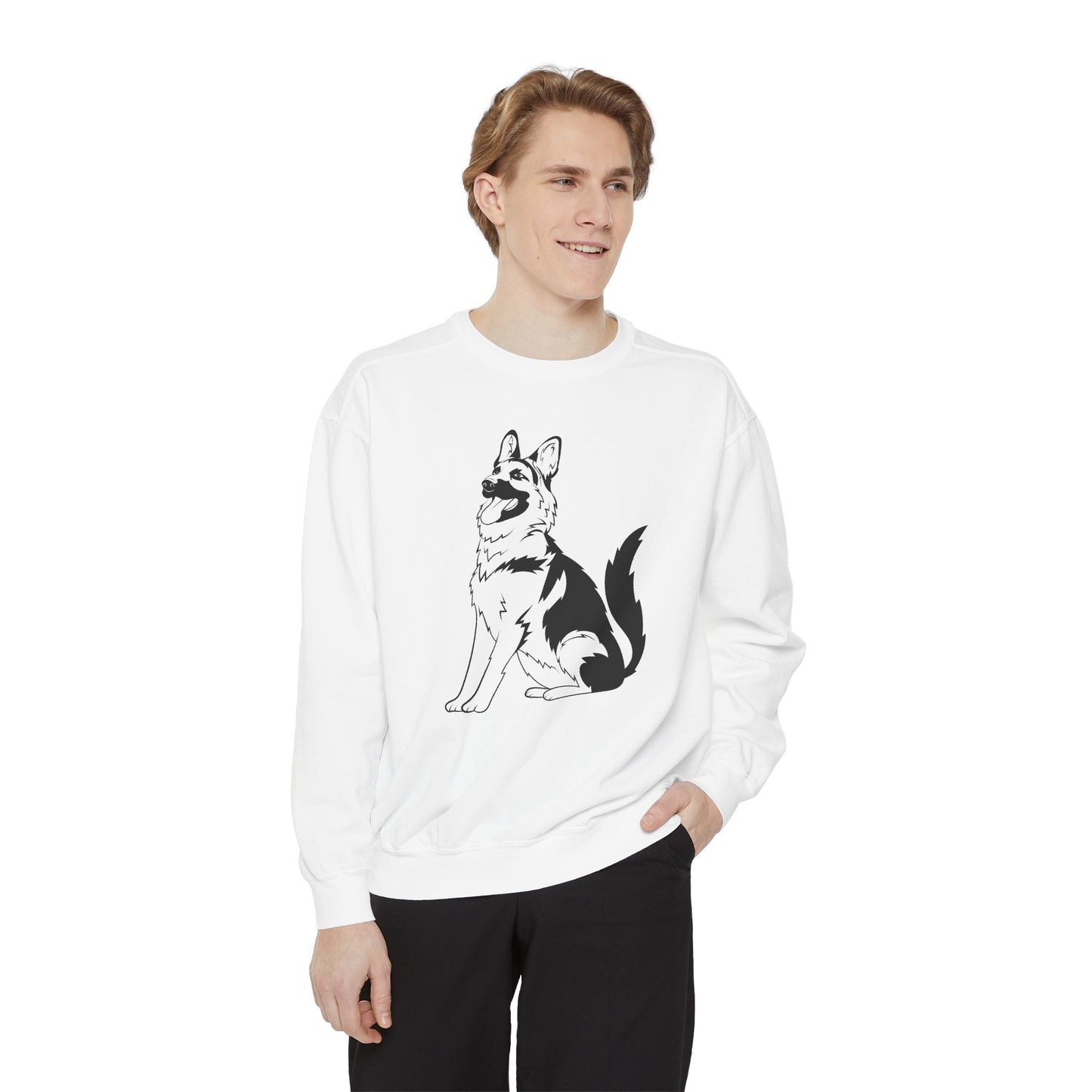 Unisex Dog Lover Sweatshirt With a Graphic of Black and Transparent German Shepherd Sloppily Sitting