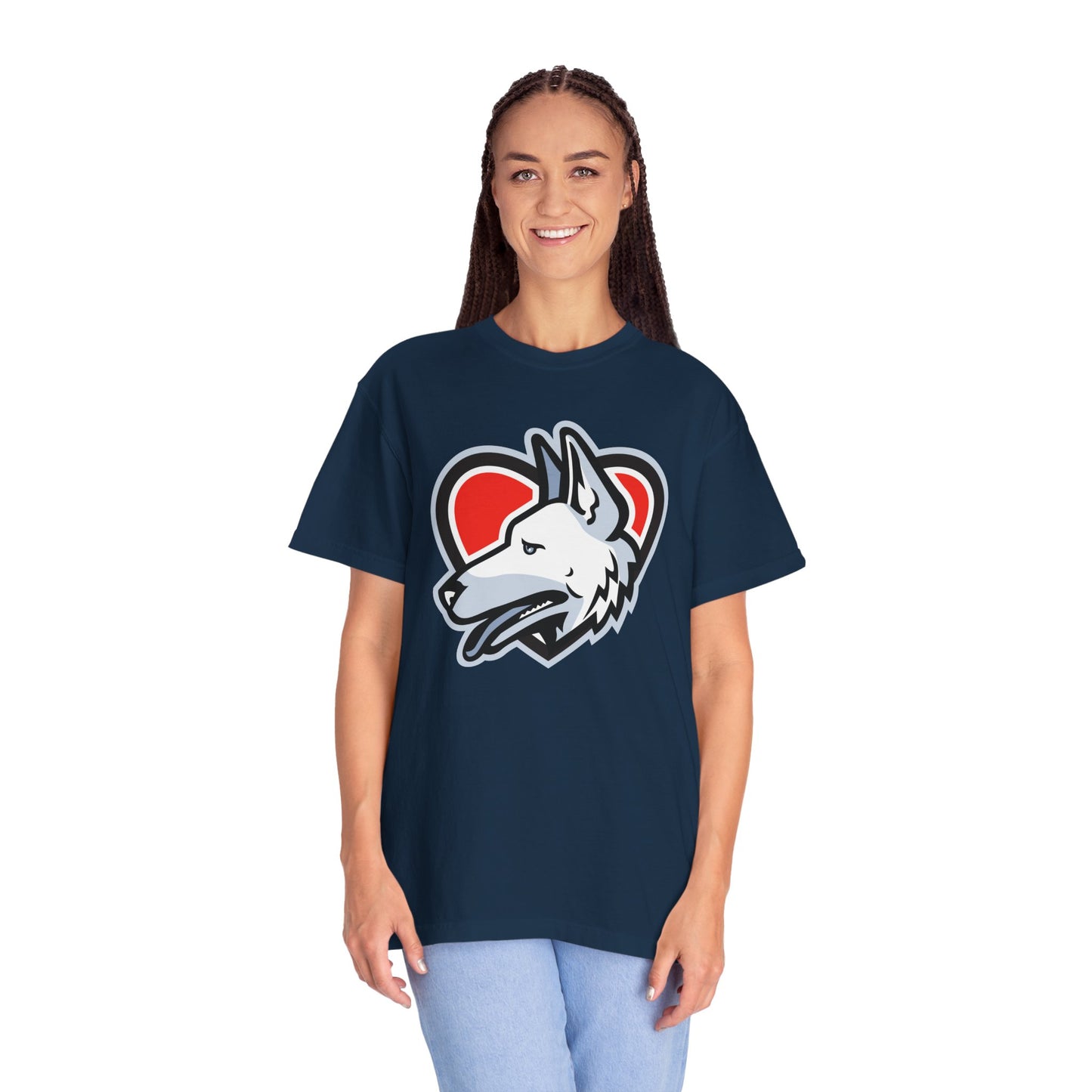 Unisex Dog Lover T-Shirt With a Close Up Graphic of German Shepherd Placed Inside Red Heart