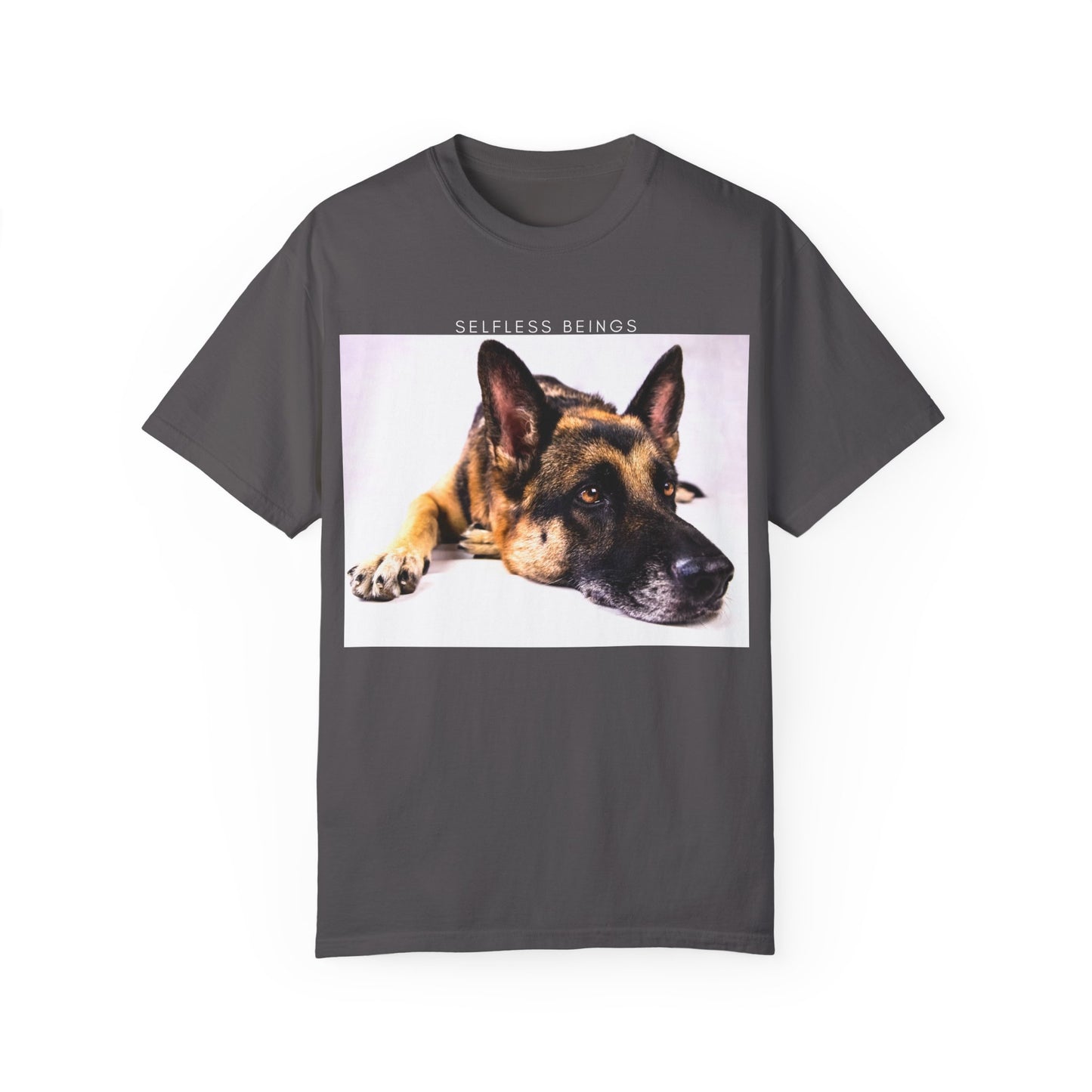 Unisex Dog Lover T-Shirt With Close Up of Bored German Shepherd Laying His Head On the Floor and Caption Selfless Beings
