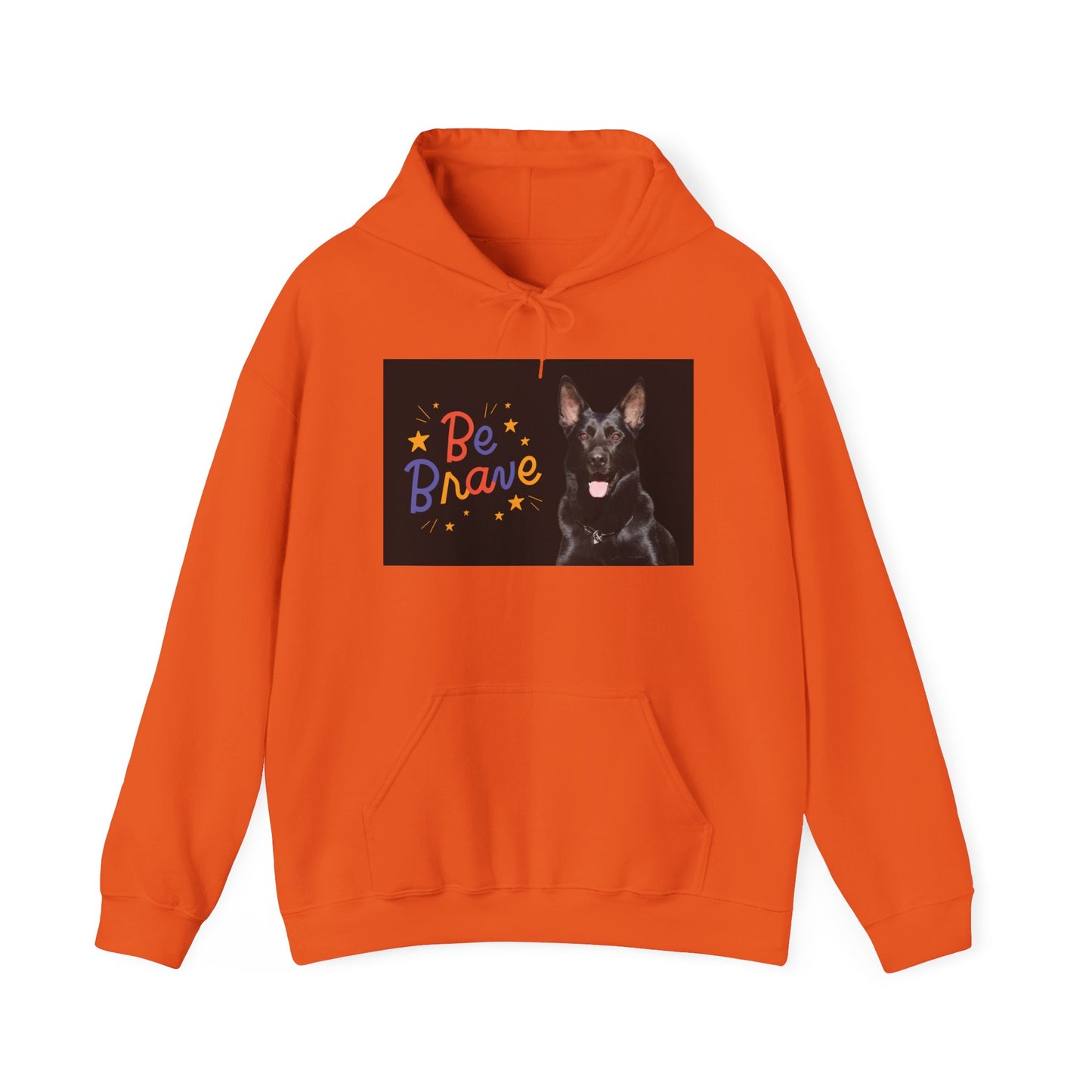 A Unisex Dog Lover Hoodie With Close Up of Solid Black German Shepherd and Caption Be Brave