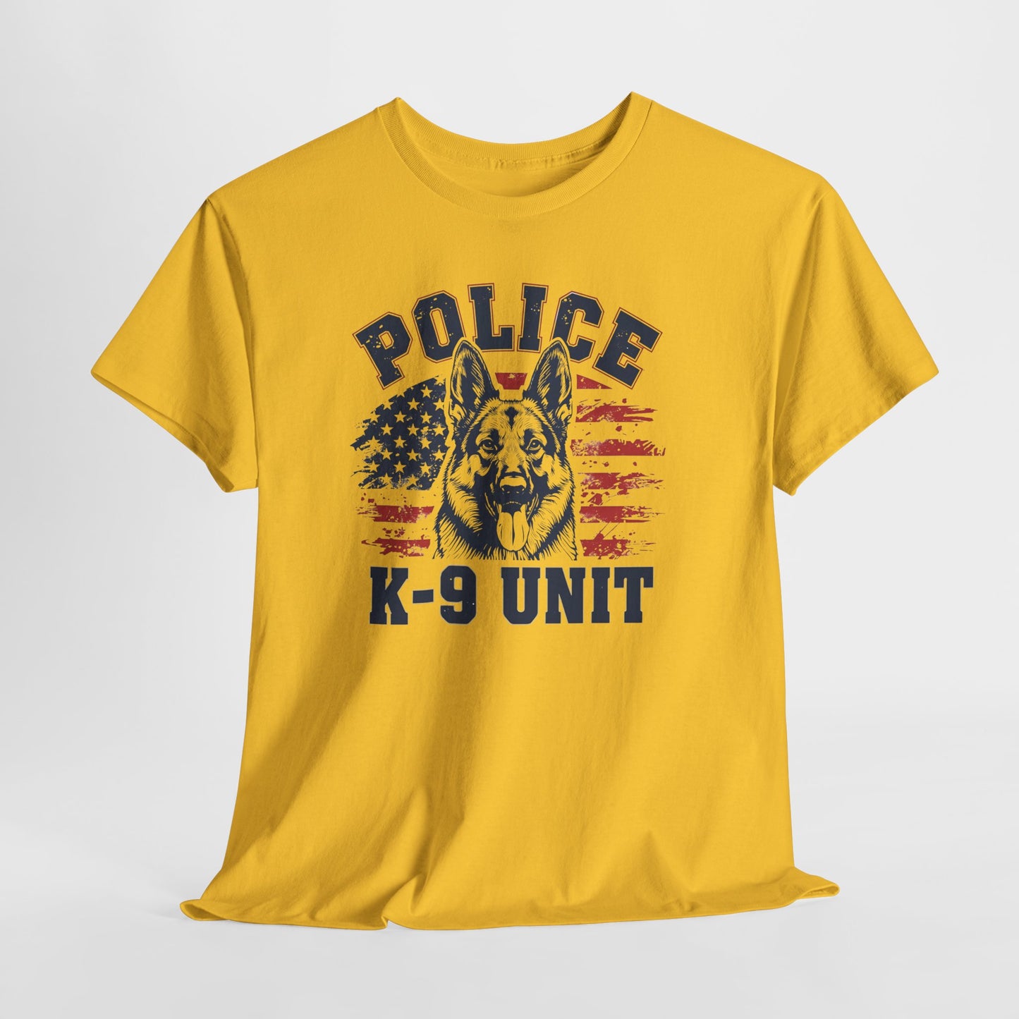 Patriotic Police K-9 Unit T-Shirt With American Flag in Background, Unisex Heavy Cotton Tee