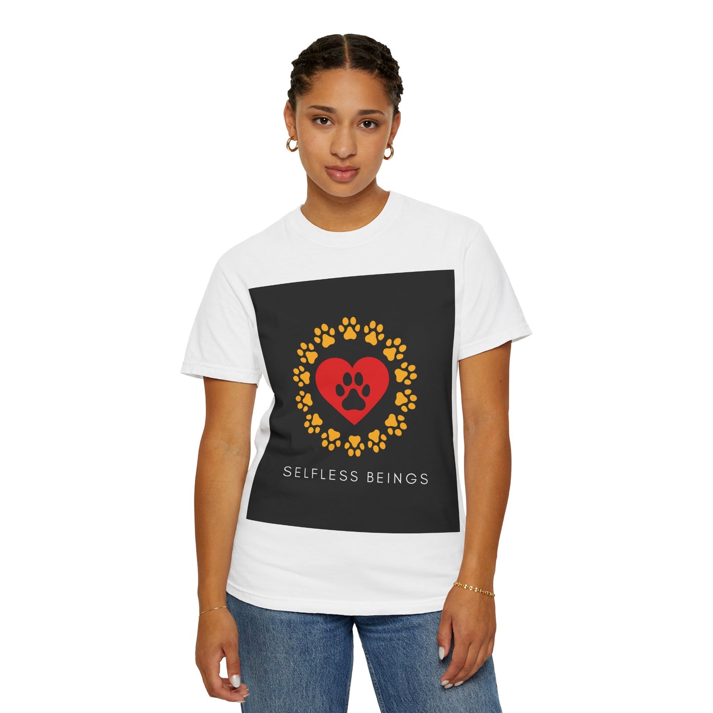 Unisex Dog Lover T-Shirt With Graphic of Yellow Paw Prints In Circle Contain Red Heart Which Contains Black Dog Paw Print Inside and Caption Selfless Beings