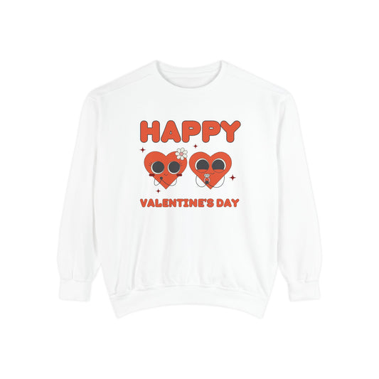 Unisex Valentine's Day Sweatshirt With Two Black-Eyed Hearts, One Having Diamond Ring and Caption Happy Valentine's Day