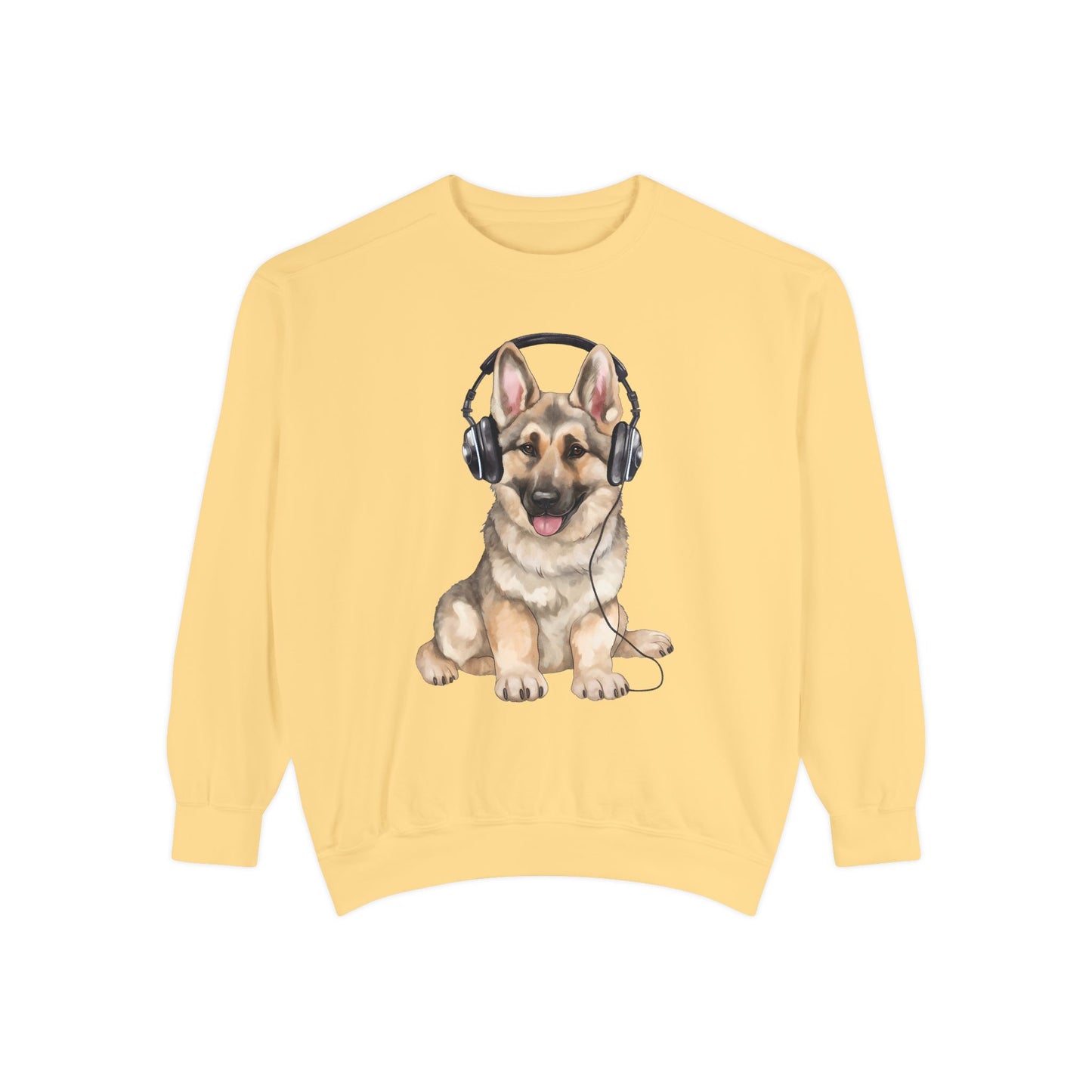 Unisex Dog Lover Sweatshirt With a German Shepherd Wearing Headphones Enjoying Music