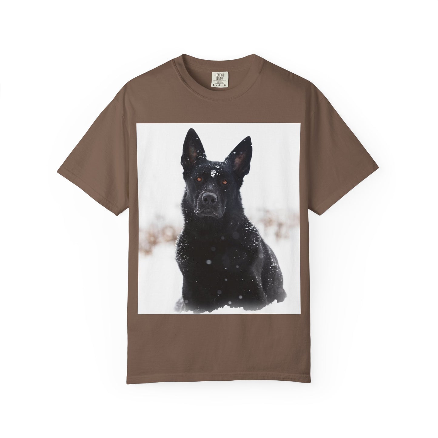 Unisex Dog Lover T-Shirt Featuring a Giant Black Working Line German Shepherd in the Snow