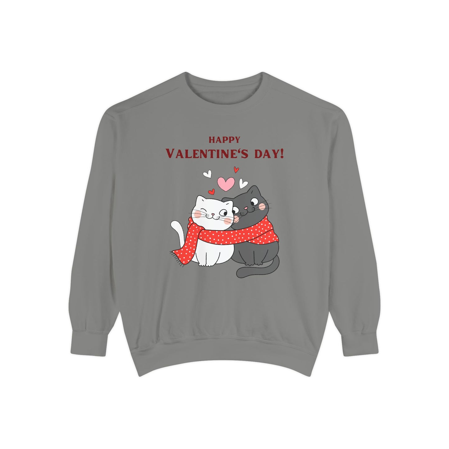 Unisex Valentine's Day Sweatshirt With Black and Grey Cat Couple and Caption Happy Valentine's Day