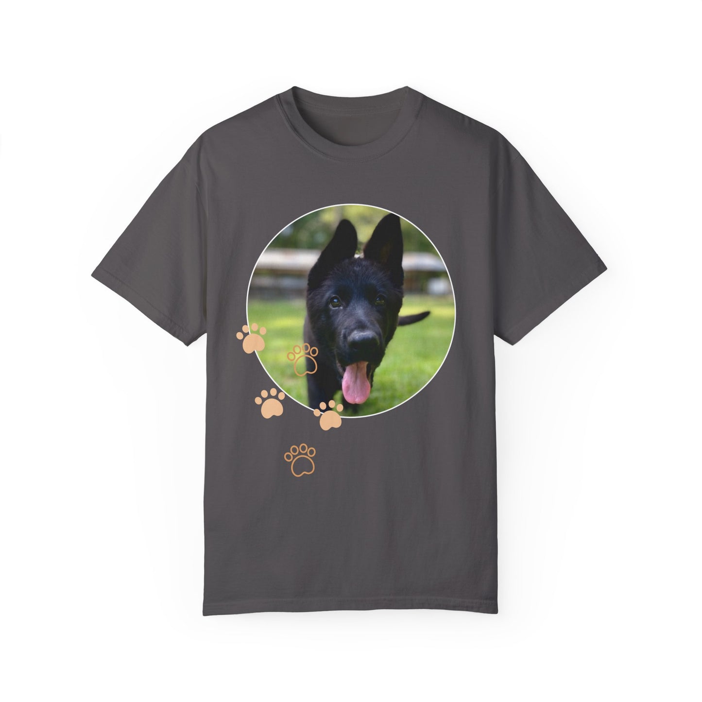 Unisex Dog Lover T-Shirt With Black German Shepherd Puppy Walking on Grass Leaving Tongue Out and Paw Icons