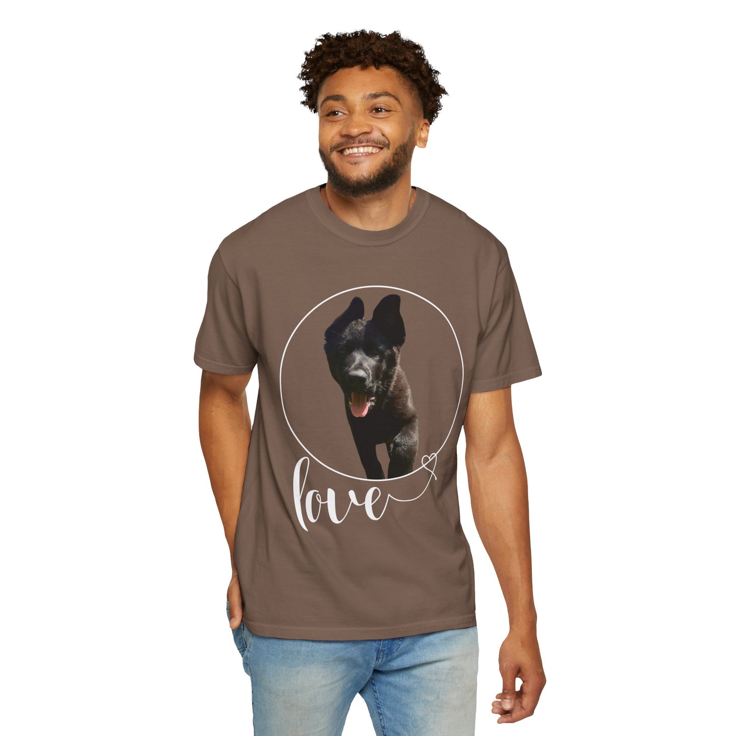 Unisex Dog Lover T-Shirt With Solid Black German Shepherd Walking On a Grass and Text Love