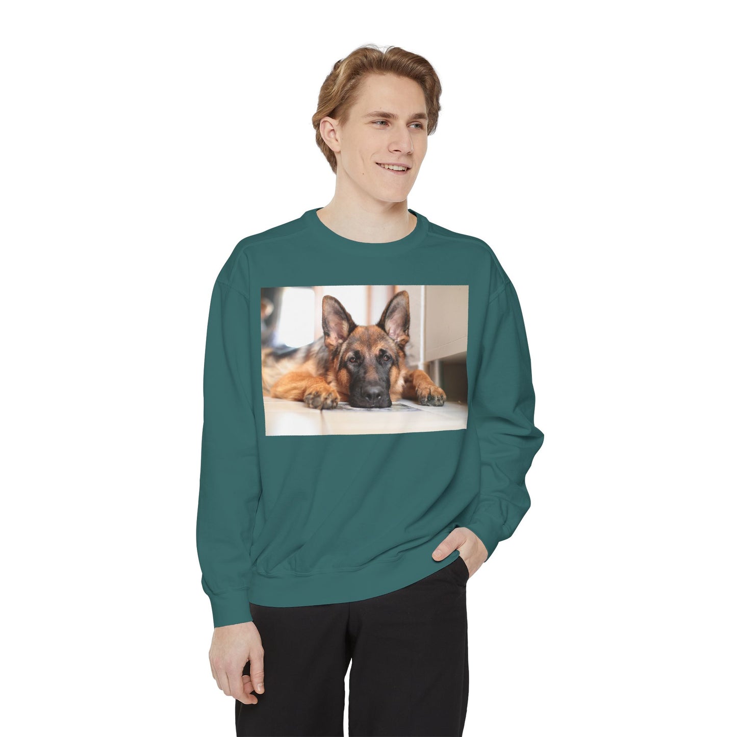 Unisex Dog Lover Sweatshirt With a German Shepherd Lying His Head on the Floor