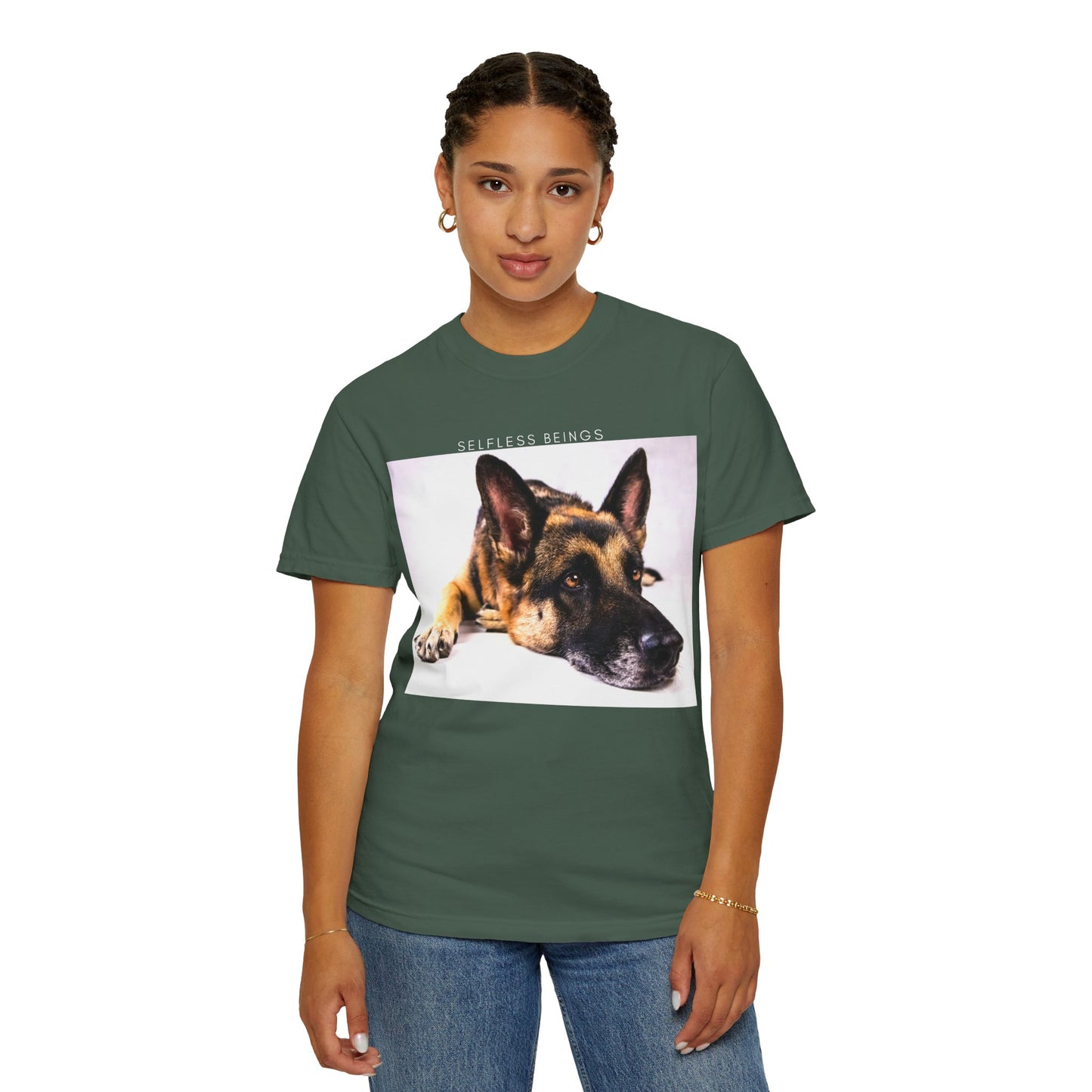 Unisex Dog Lover T-Shirt With Close Up of Bored German Shepherd Laying His Head On the Floor and Caption Selfless Beings