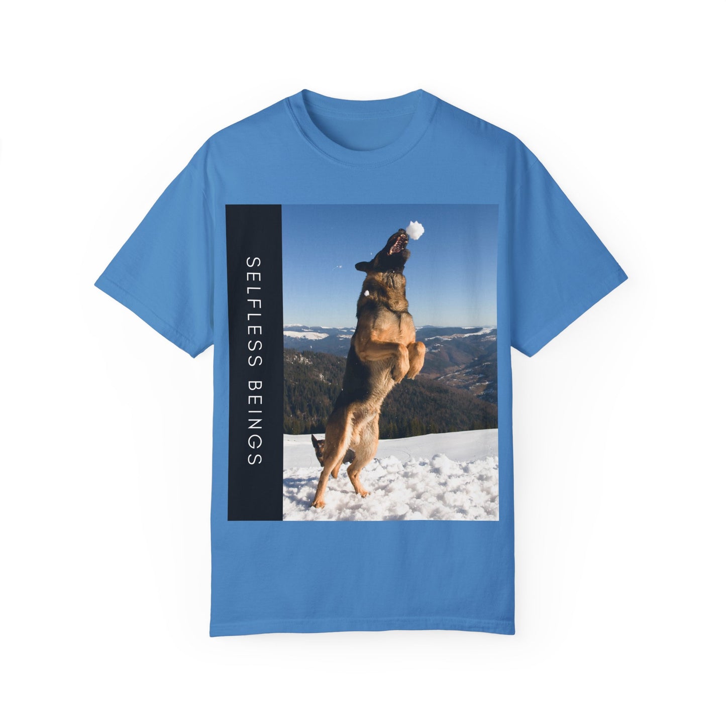 Unisex Dog Lover T-Shirt With a German Shepherd Jumps Upward to Catch a Small Snowball With Mouth and Caption Selfless Beings