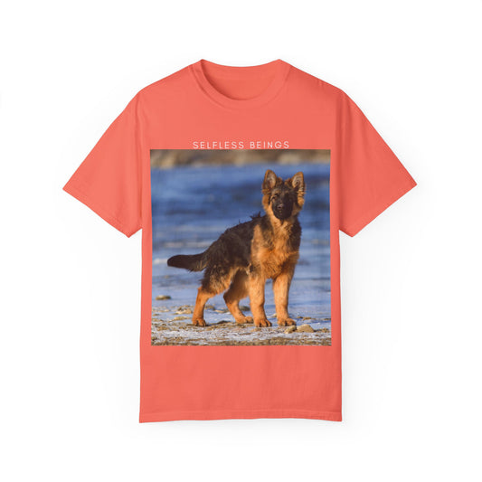Unisex Dog Lover T-Shirt With German Shepherd Puppy Standing at the Sea Shore and Caption Selfless Beings