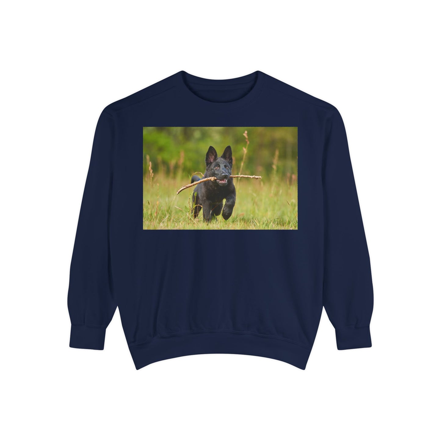 Unisex Dog Lover Sweatshirt With Black German Shepherd Puppy Running on the Grass Holding a Stick in the Mouth