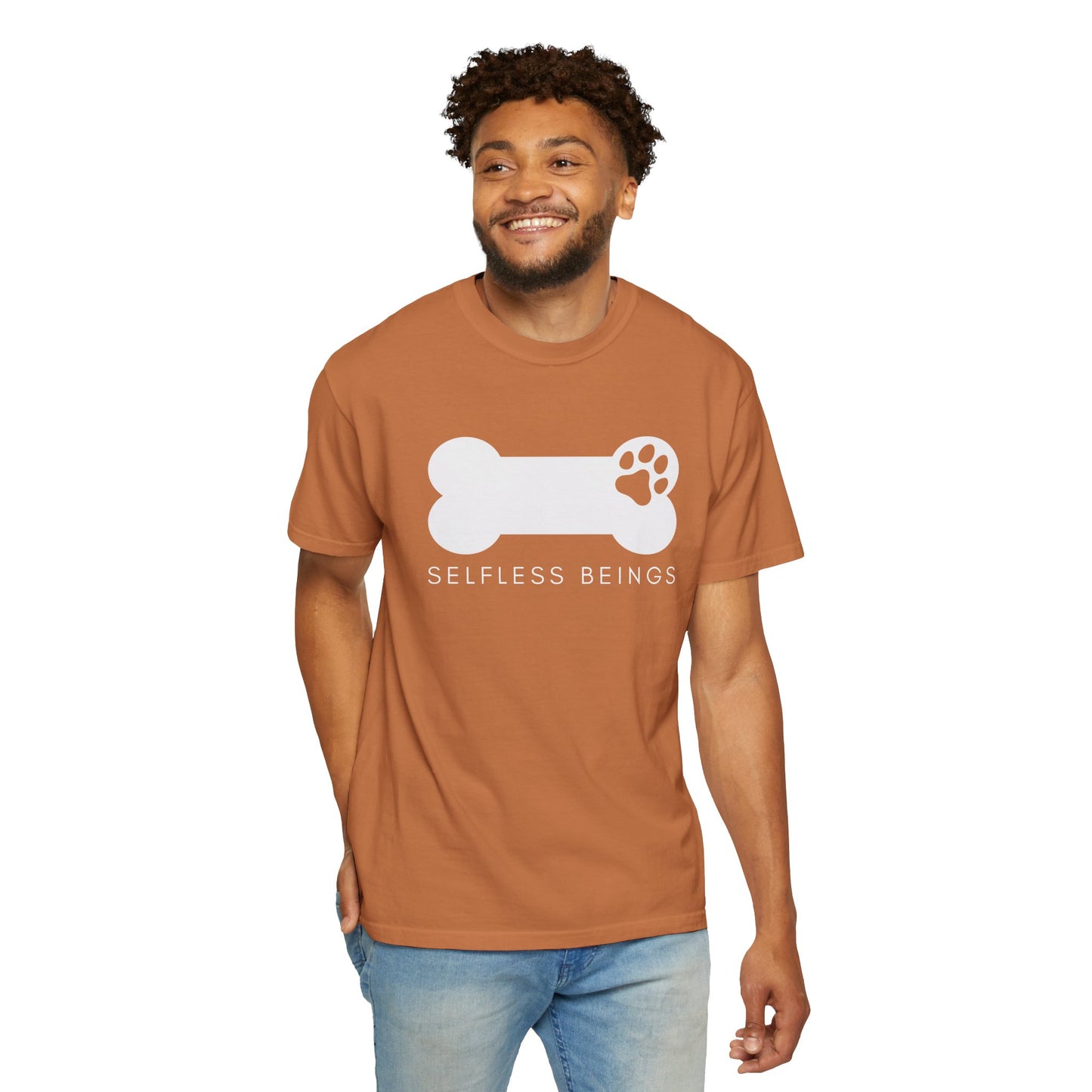 Unisex Dog Lover T-Shirt With Dog's Paw Print Inside a Bone and Caption Selfless Beings