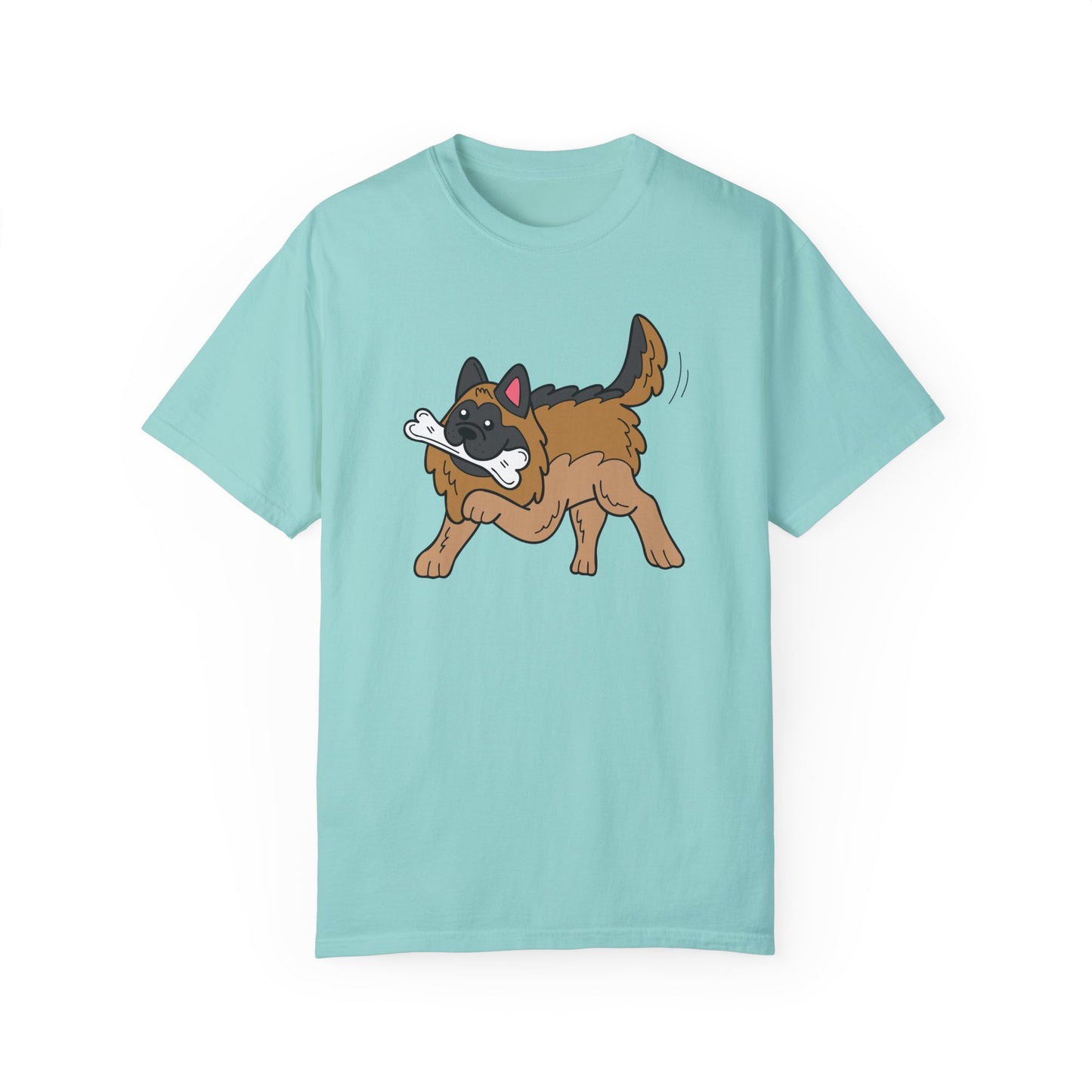 Unisex Dog Lover T-Shirt With a Graphic of a German Shepherd Holding a White Bone in Mouth