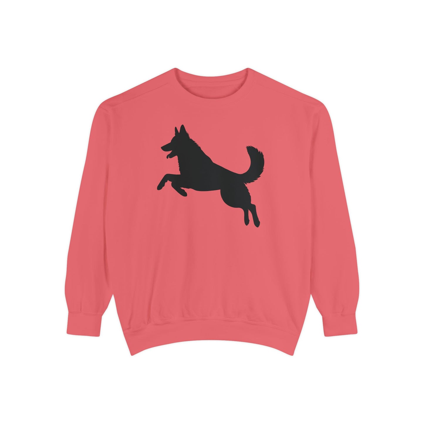 Unisex Dog Lover Sweatshirt With a Graphic of Solid Black German Shepherd Jumping in the Air
