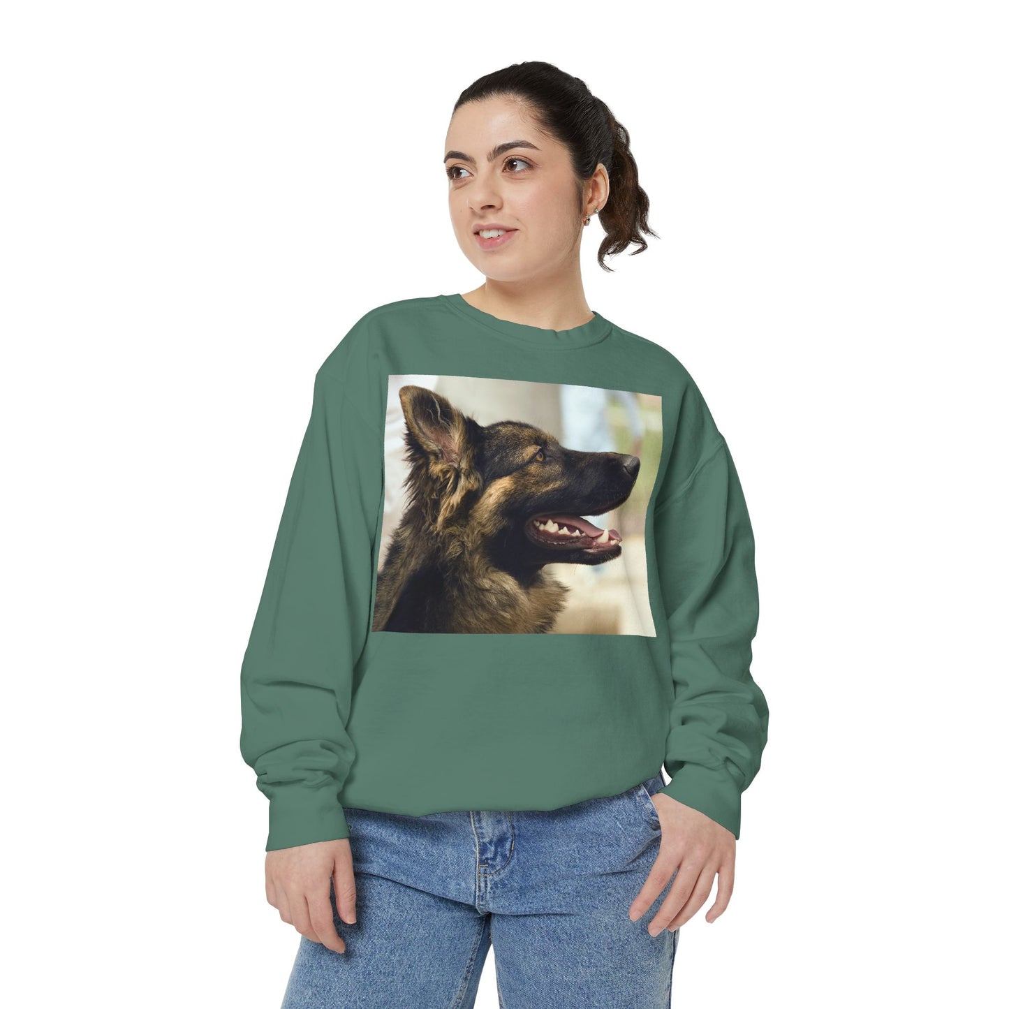 Unisex Dog Lover Sweatshirt With Close Up of Working German Shepherd Mouth Opened