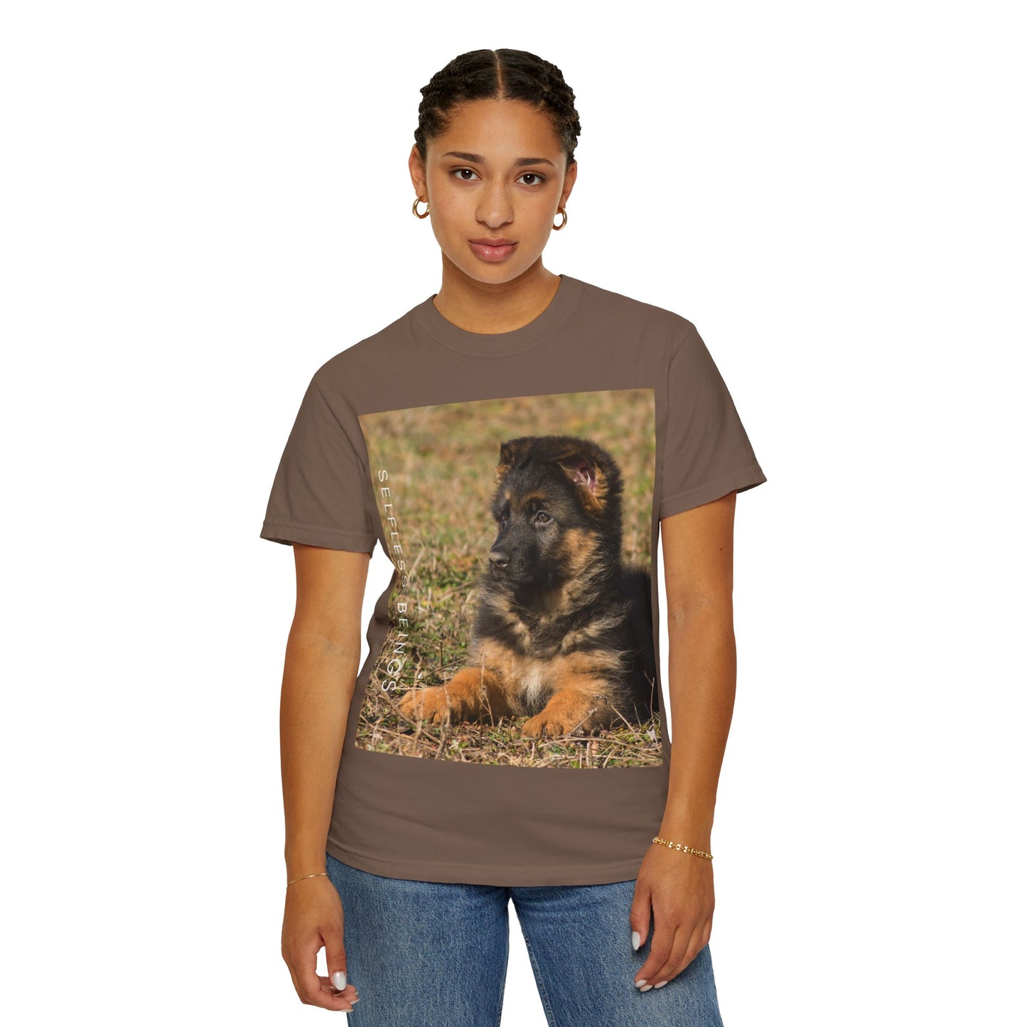 Unisex Dog Lover T-Shirt With Beautiful German Shepherd Puppy Resting On the Grass and Caption Selfless Beings