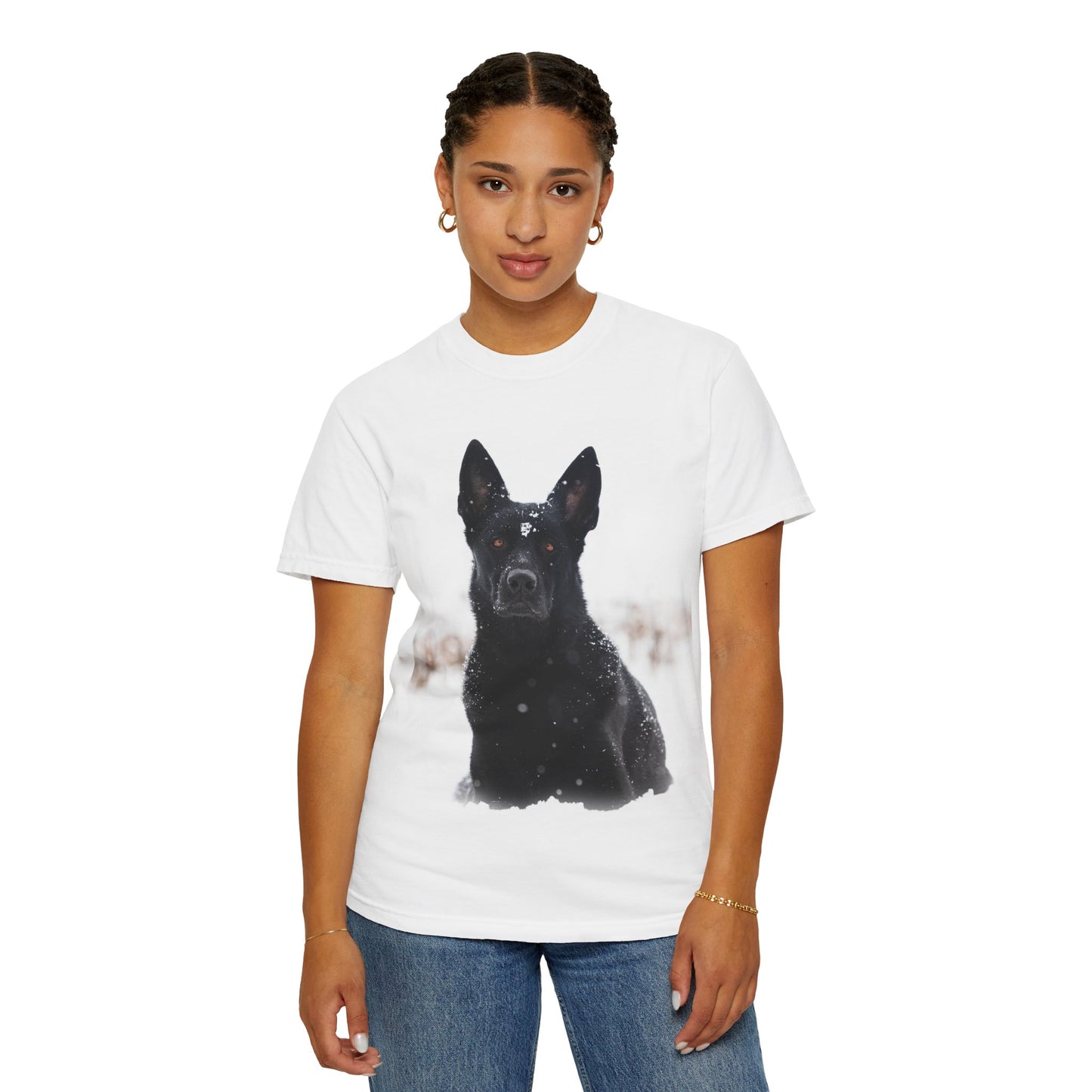 Unisex Dog Lover T-Shirt Featuring a Giant Black Working Line German Shepherd in the Snow