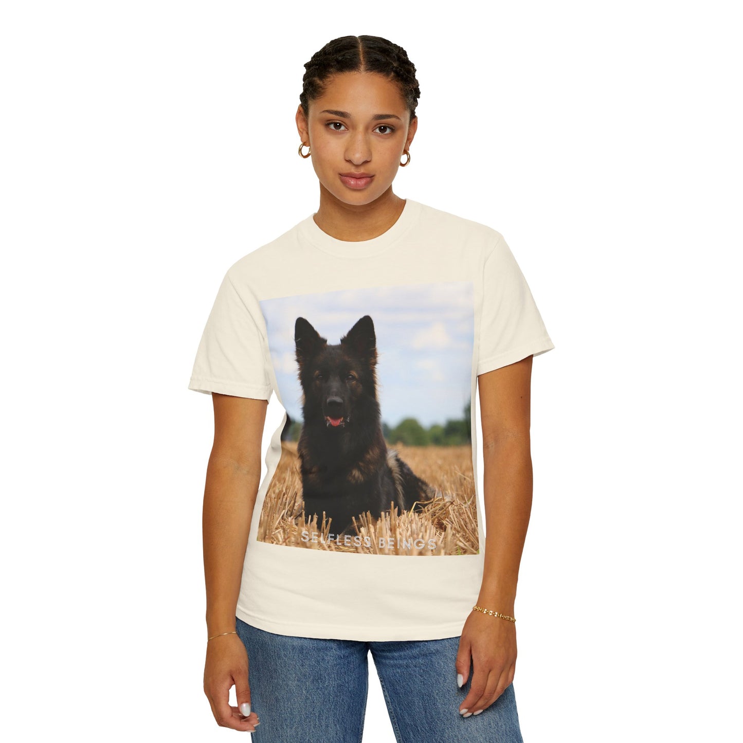 Unisex Dog Lover T-Shirt With Beautiful German Shepherd Sitting Over a Stover and Caption Selfless Beings