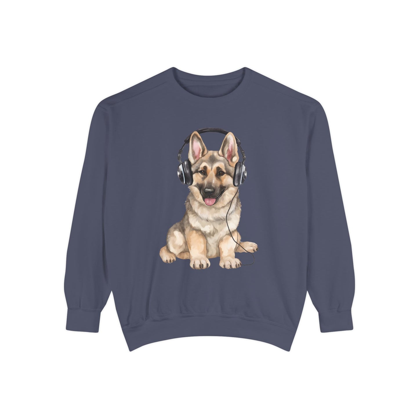 Unisex Dog Lover Sweatshirt With a German Shepherd Wearing Headphones Enjoying Music