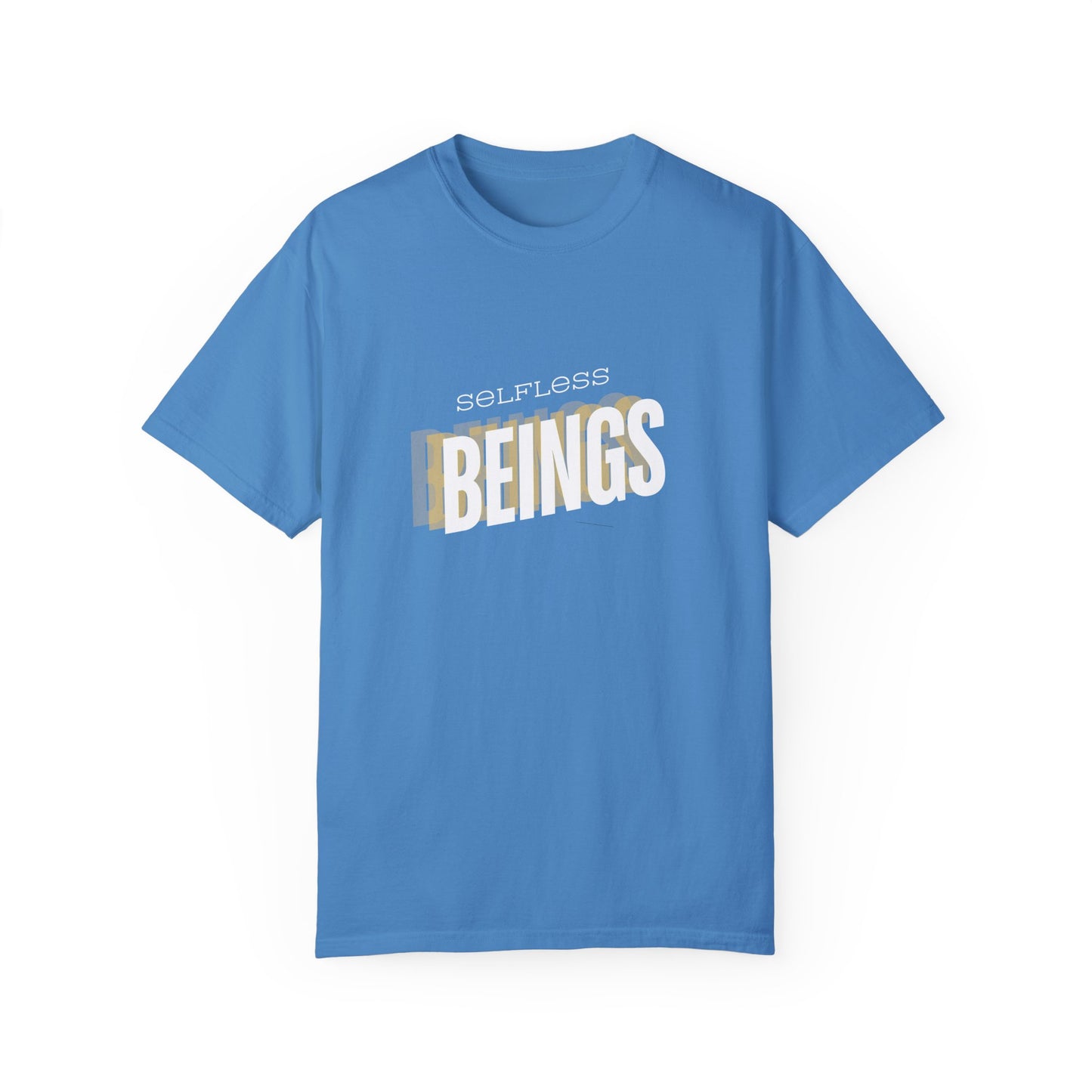 Unisex Dog Lover T-Shirt With Text "Selfless Beings" Designed Using Dark Yellow, Light Yellow and White Colors