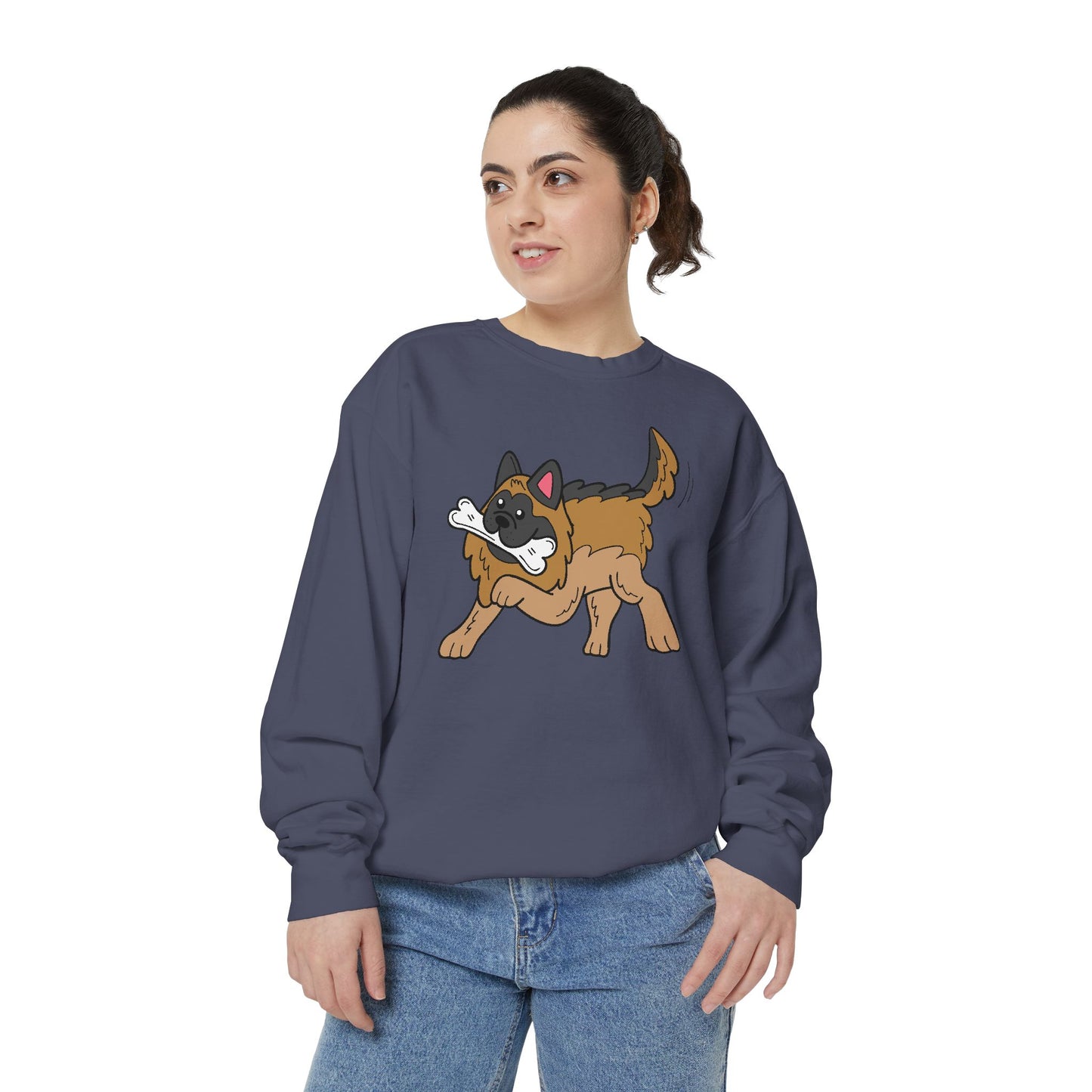 Unisex Dog Lover Sweatshirt With a Graphic of a German Shepherd Holding a White Bone in Mouth