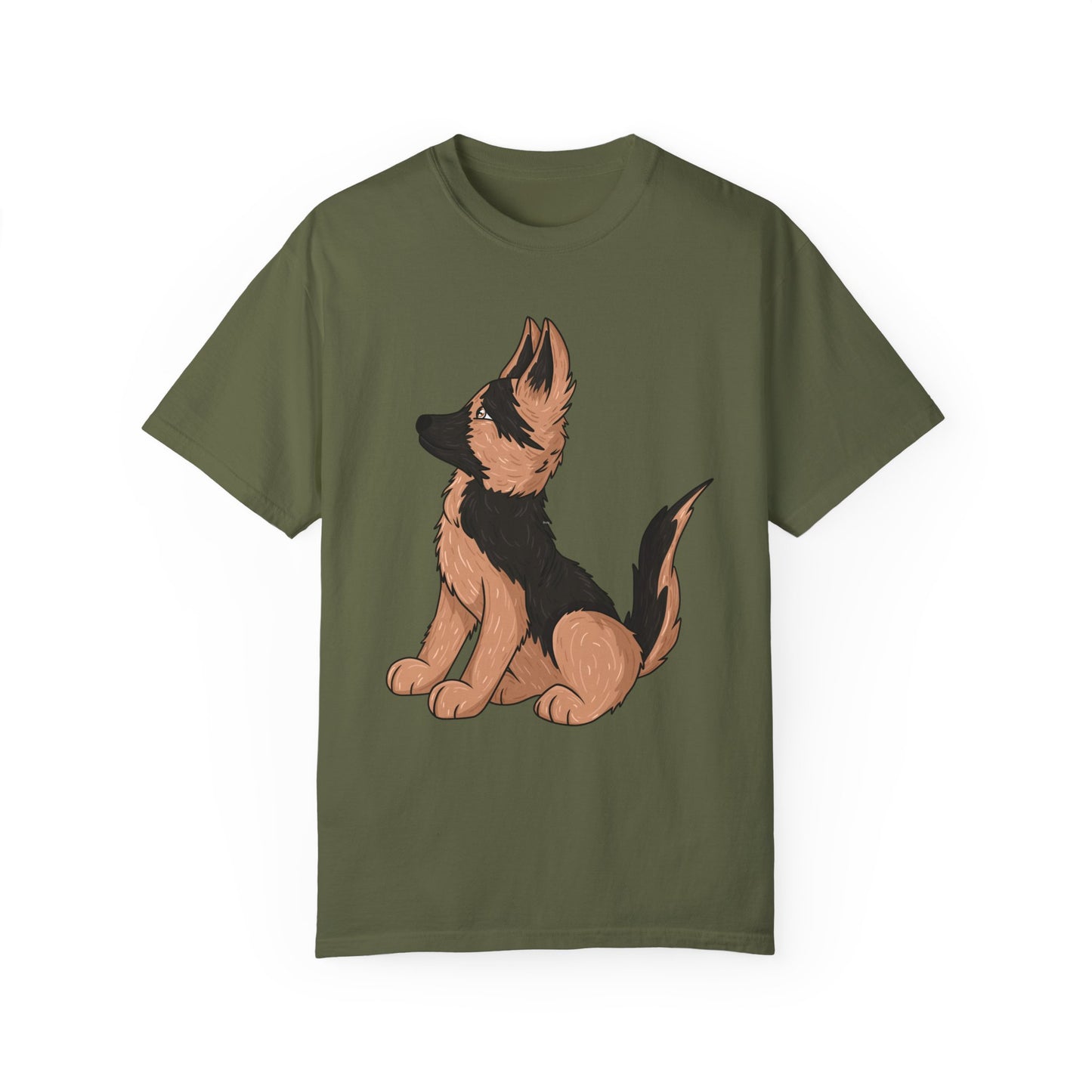 Unisex Dog Lover T-Shirt With a Graphic of Cute German Shepherd Puppy Looking Upward
