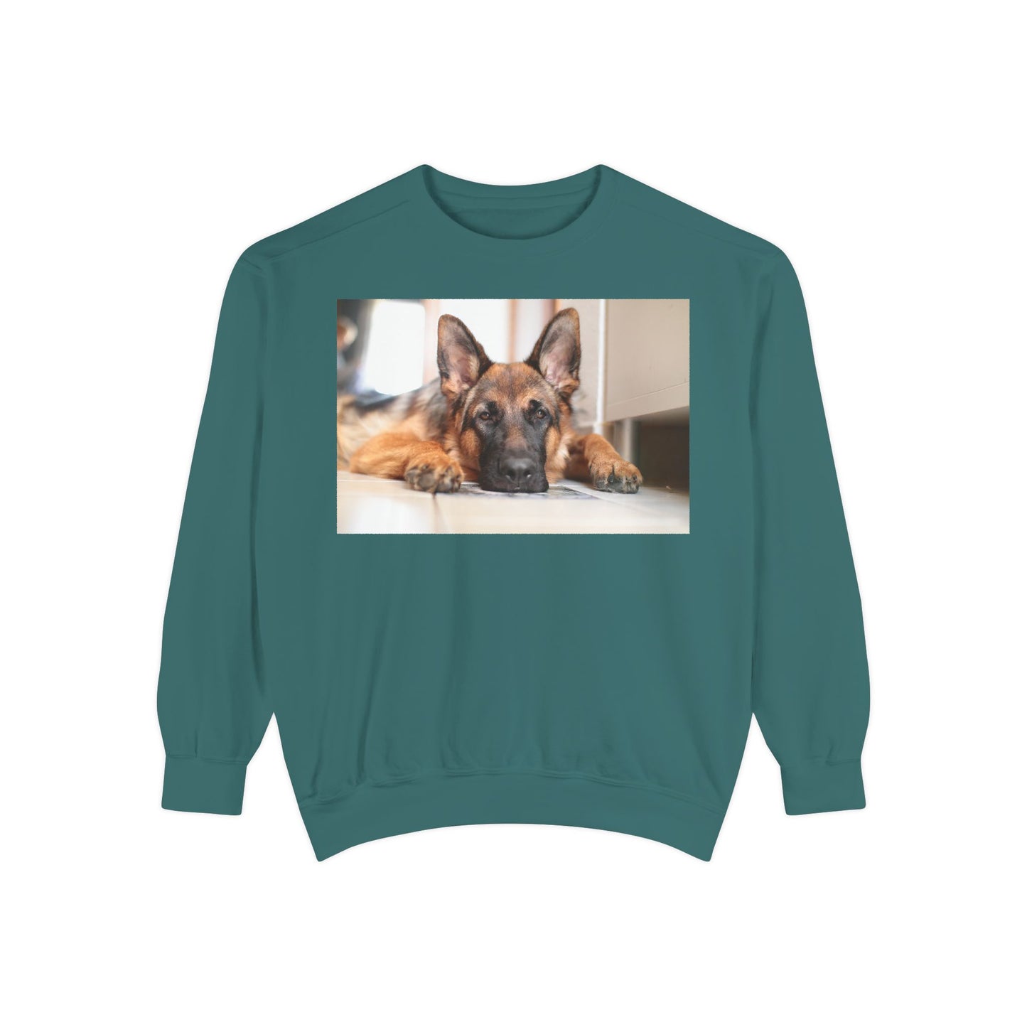 Unisex Dog Lover Sweatshirt With a German Shepherd Lying His Head on the Floor
