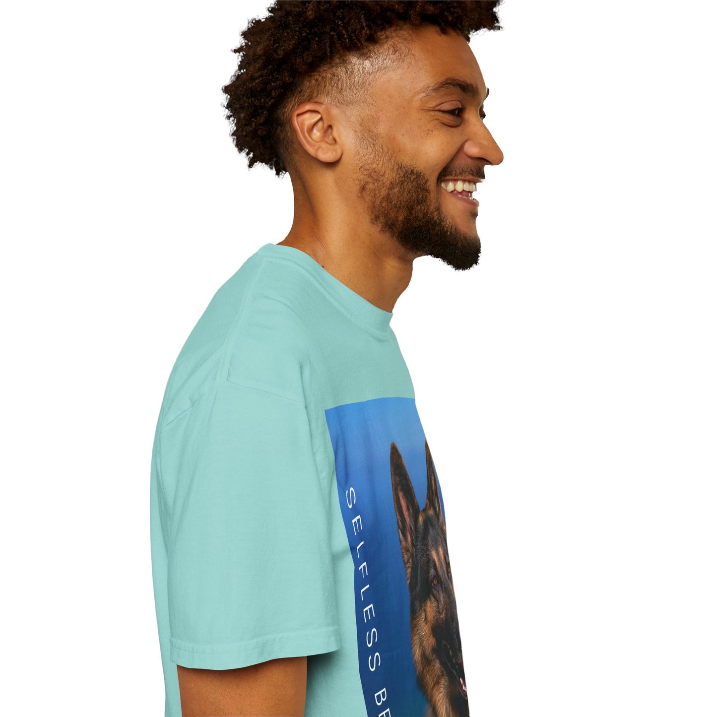 Unisex Dog Lover T-Shirt With Close Up of German Shepherd, Blue Sea in the Background and Caption Selfless Beings