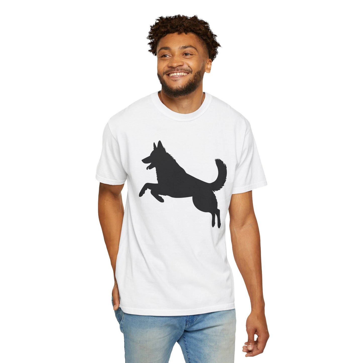 Unisex Dog Lover T-Shirt With a Graphic of Solid Black German Shepherd Jumping in the Air