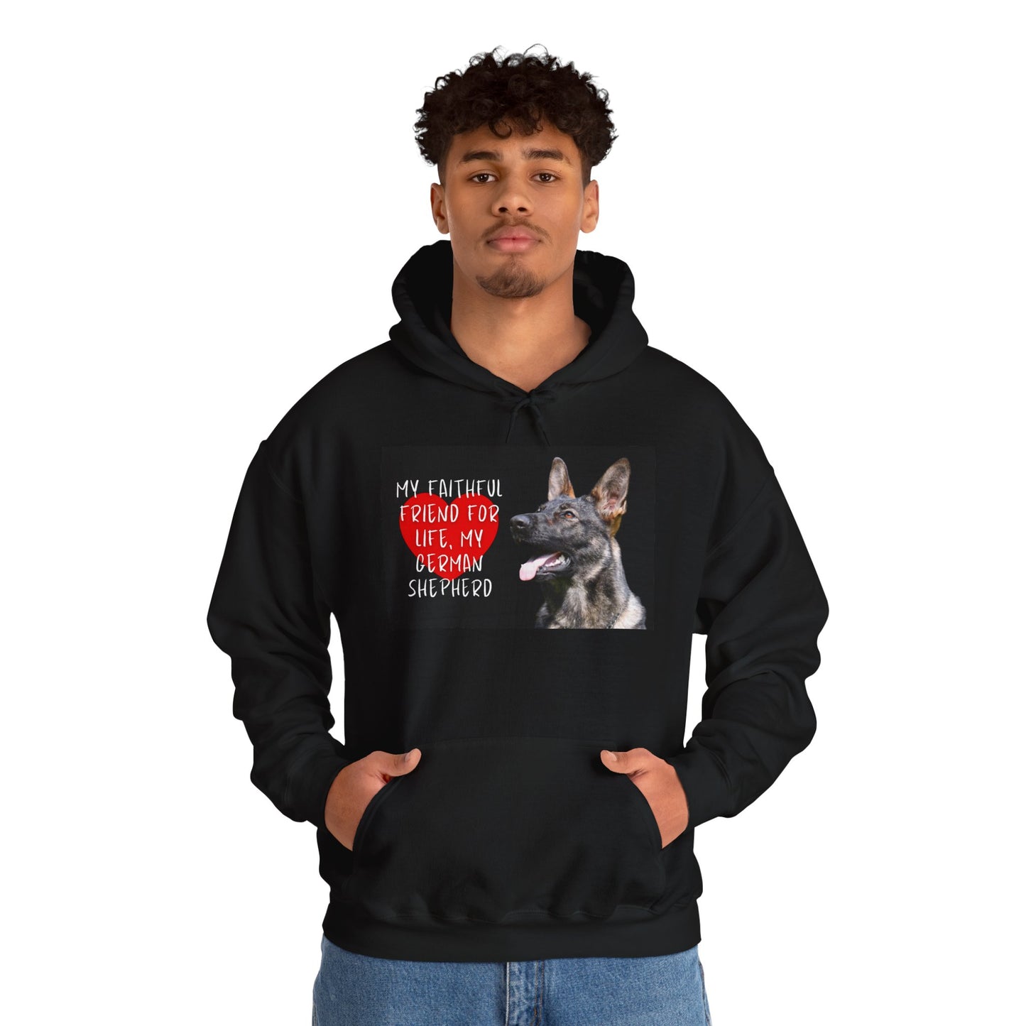 Unisex Dog Lover Hoodie With a Working Line German Shepherd and Caption Faithful Friend on Top of Red Heart
