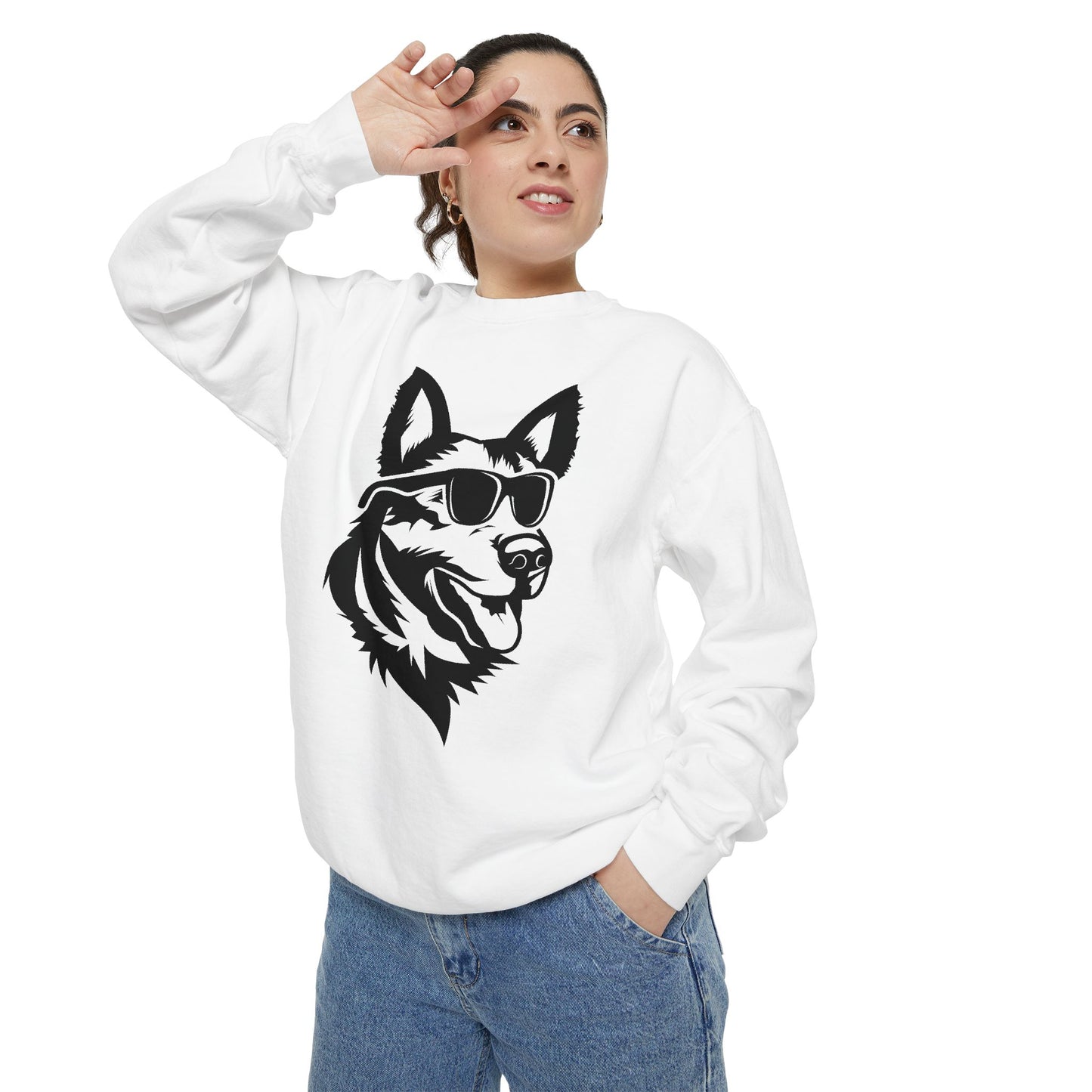 Unisex Dog Lover Sweatshirt With a Close Up Graphic of German Shepherd Wearing Black Glasses