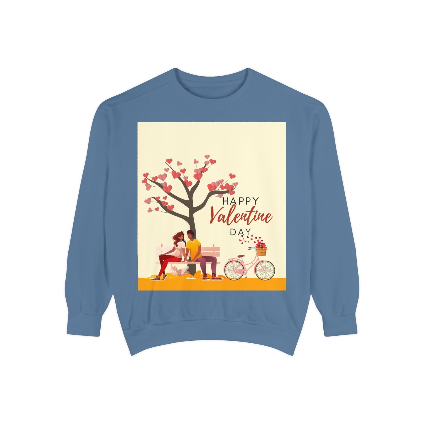 Unisex Valentine's Day Sweatshirt With Art Showing Couple Sitting on a Bench Under the Tree and Caption Happy Valentine's Day
