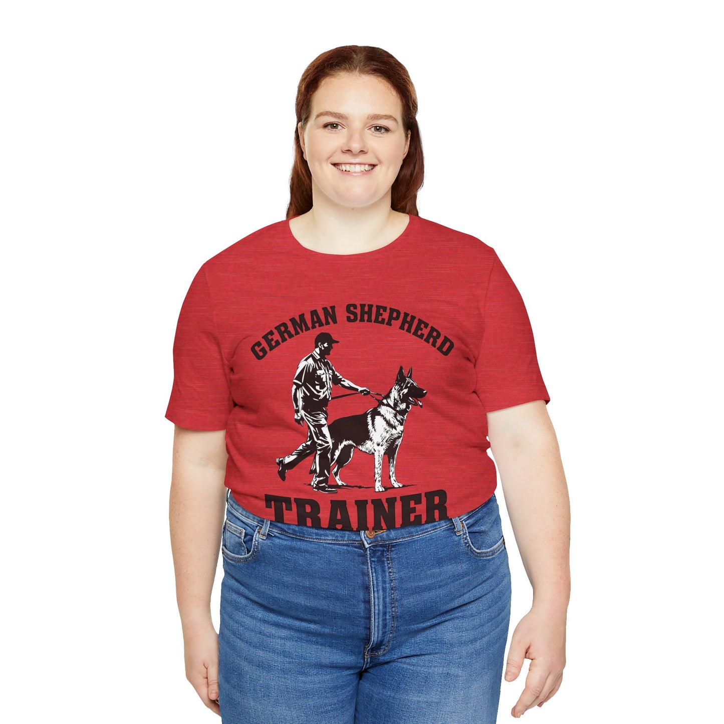 German Shepherd Trainer Tee - Black and White Design of Man Holding a German Shepherd