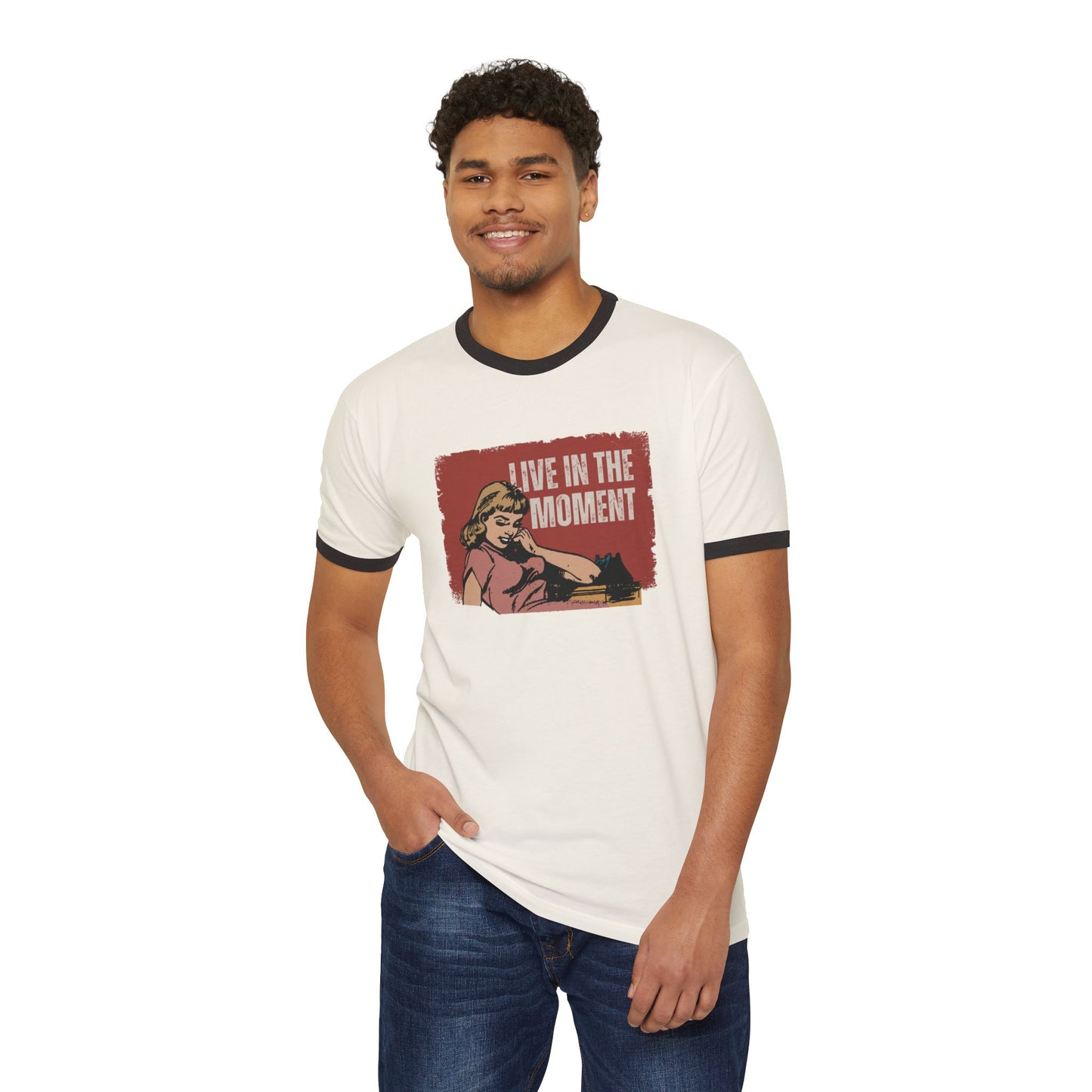 Live in the Moment Unisex Cotton Ringer T-Shirt, Retro Graphic Tee, Casual Wear, Gift for Her, Motivational Trendy Top