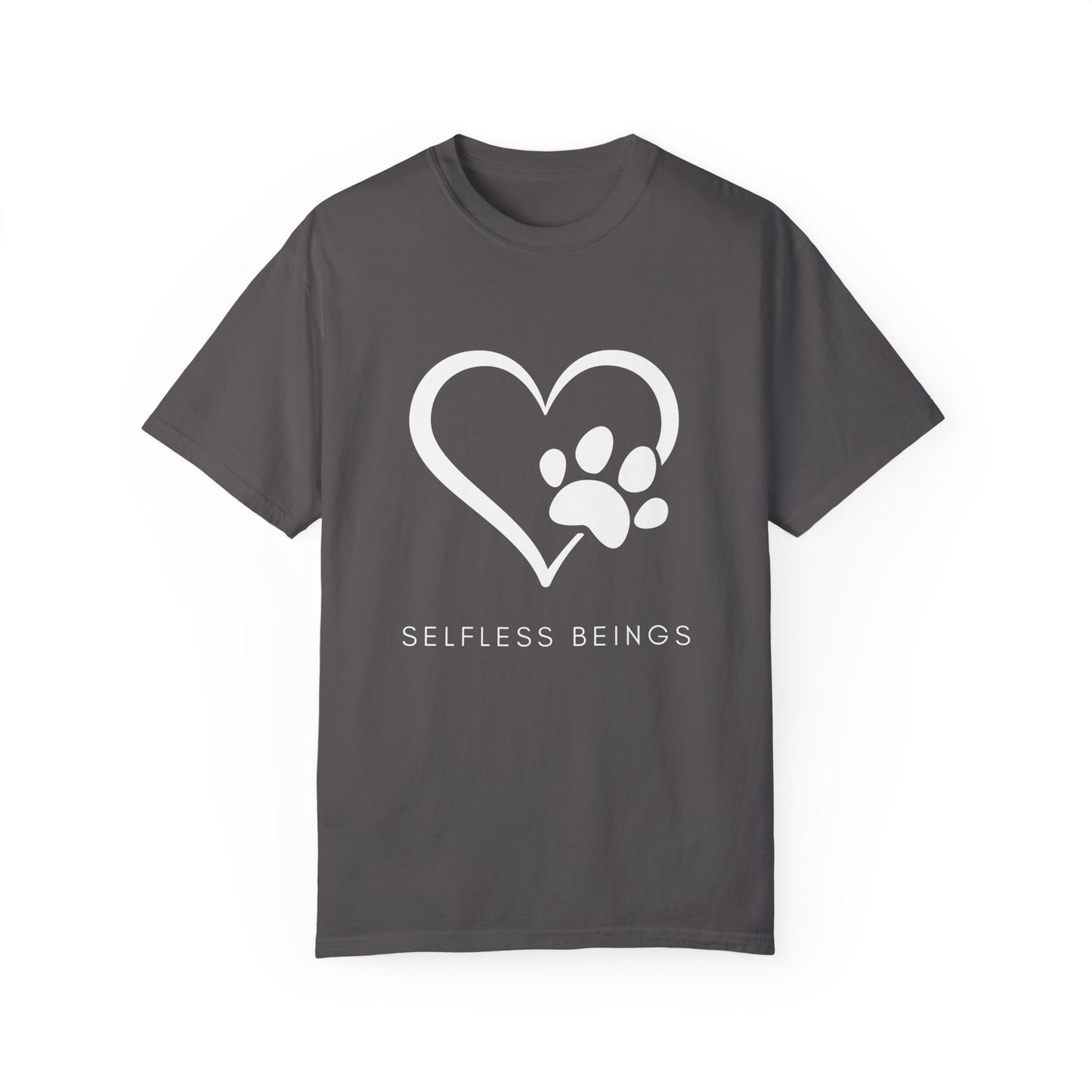 Unisex Dog Lover T-Shirt With Graphic of Heart Whose Right Side Contains Dog Paw's Print and Caption Selfless Beings