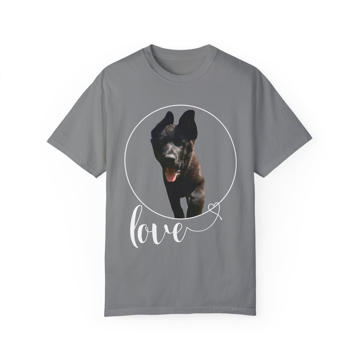 Unisex Dog Lover T-Shirt With Solid Black German Shepherd Walking On a Grass and Text Love