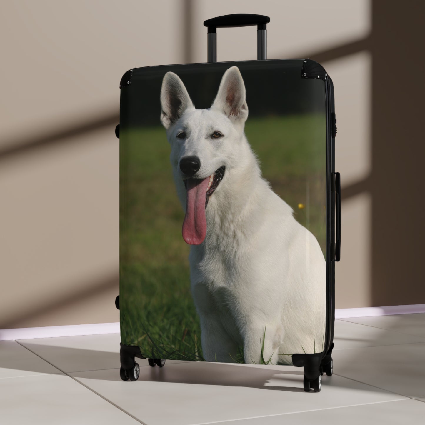 Dog Lover Suitcase Featuring a Giant White German Shepherd Sloppily Sitting on Grass Leaving Tongue Out