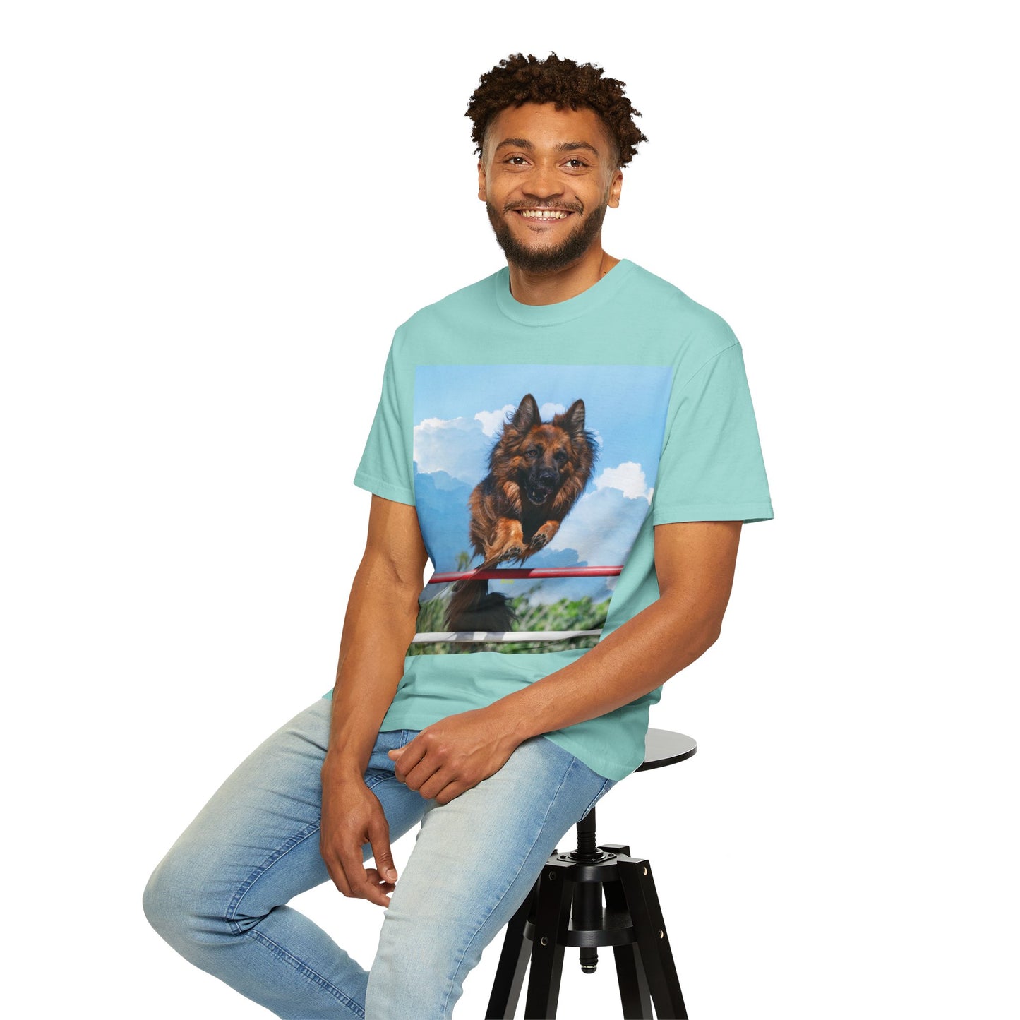 Unisex Dog Lovers T-Shirt Featuring a German Shepherd Jumping An Agility Fence