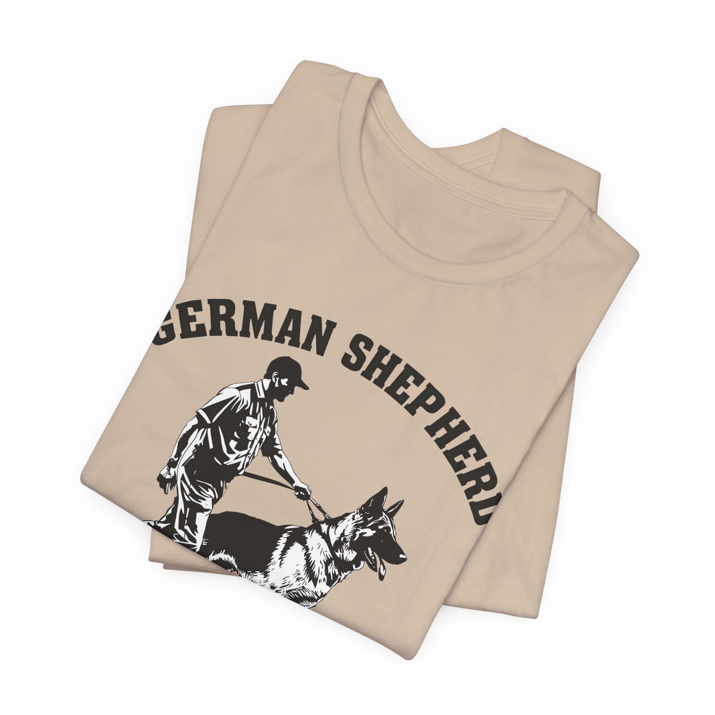 German Shepherd Trainer Tee - Black and White Design of Man Holding a German Shepherd