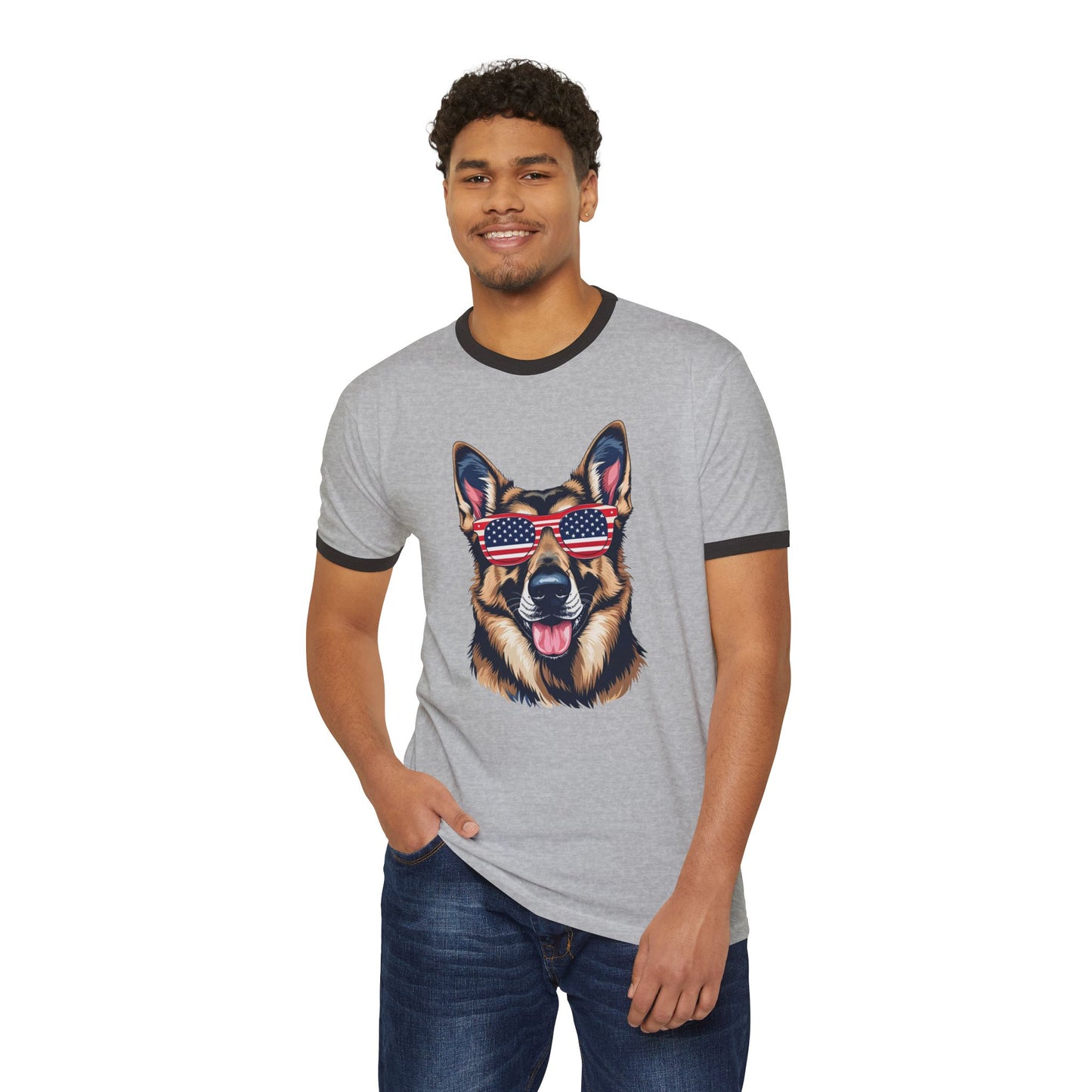 Patriotic Dog Lover German Shepherd Tee - Unisex Cotton Ringer T-Shirt with American Flag Sunglasses, Pet Owner Gift, 4th of July Apparel, Fun Summer