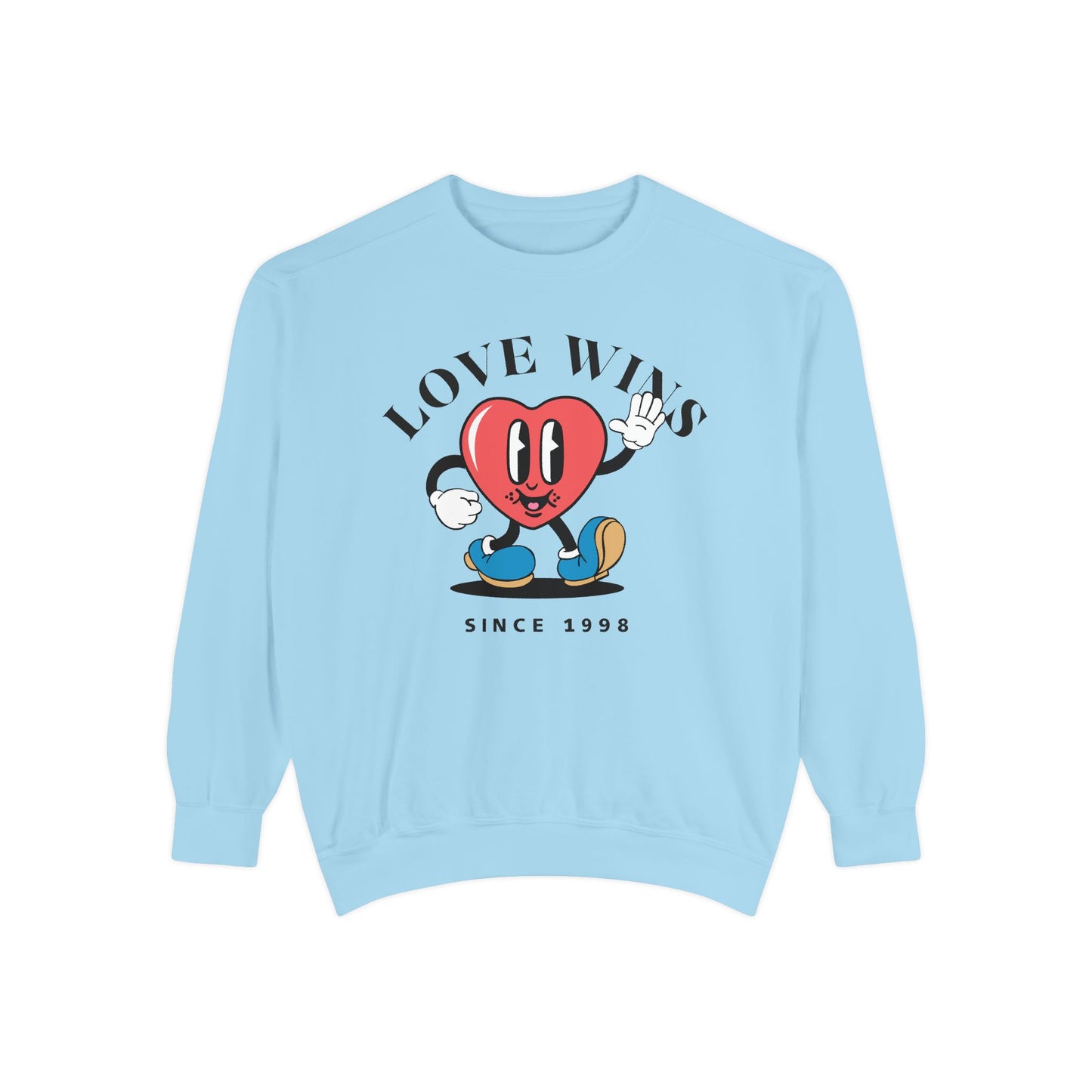 Unisex Valentine's Day Vintage Sweatshirt With a Heart Character and Caption Love Wins