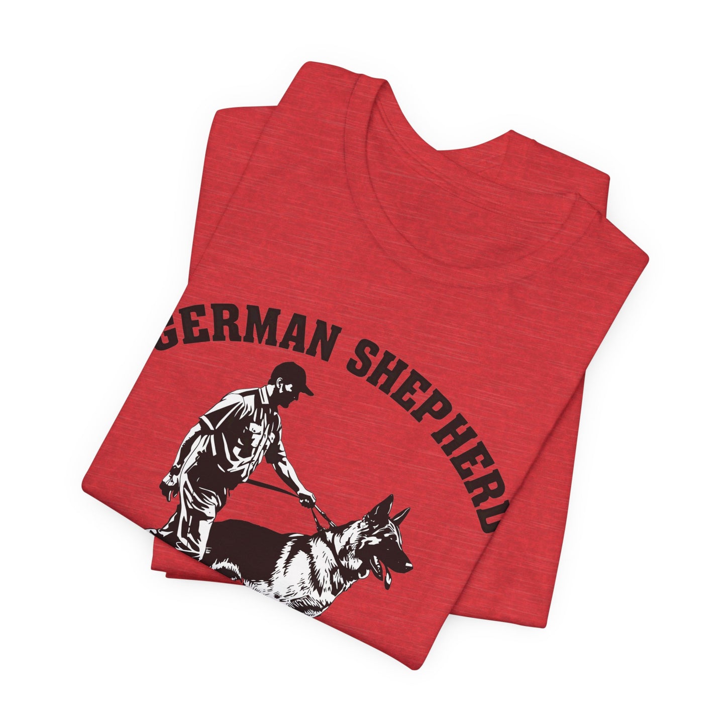 German Shepherd Trainer Tee - Black and White Design of Man Holding a German Shepherd