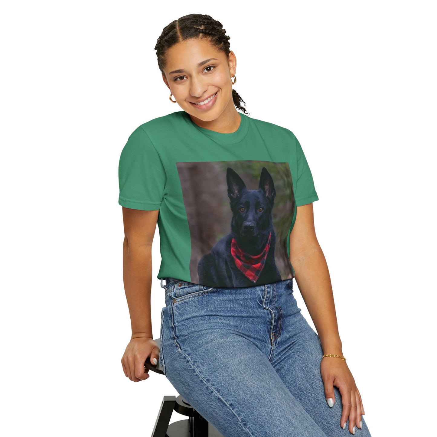 Unisex Dog Lover T-Shirt With a Solid Black German Shepherd Wearing a Red Romal Sitting and Caption Selfless Beings