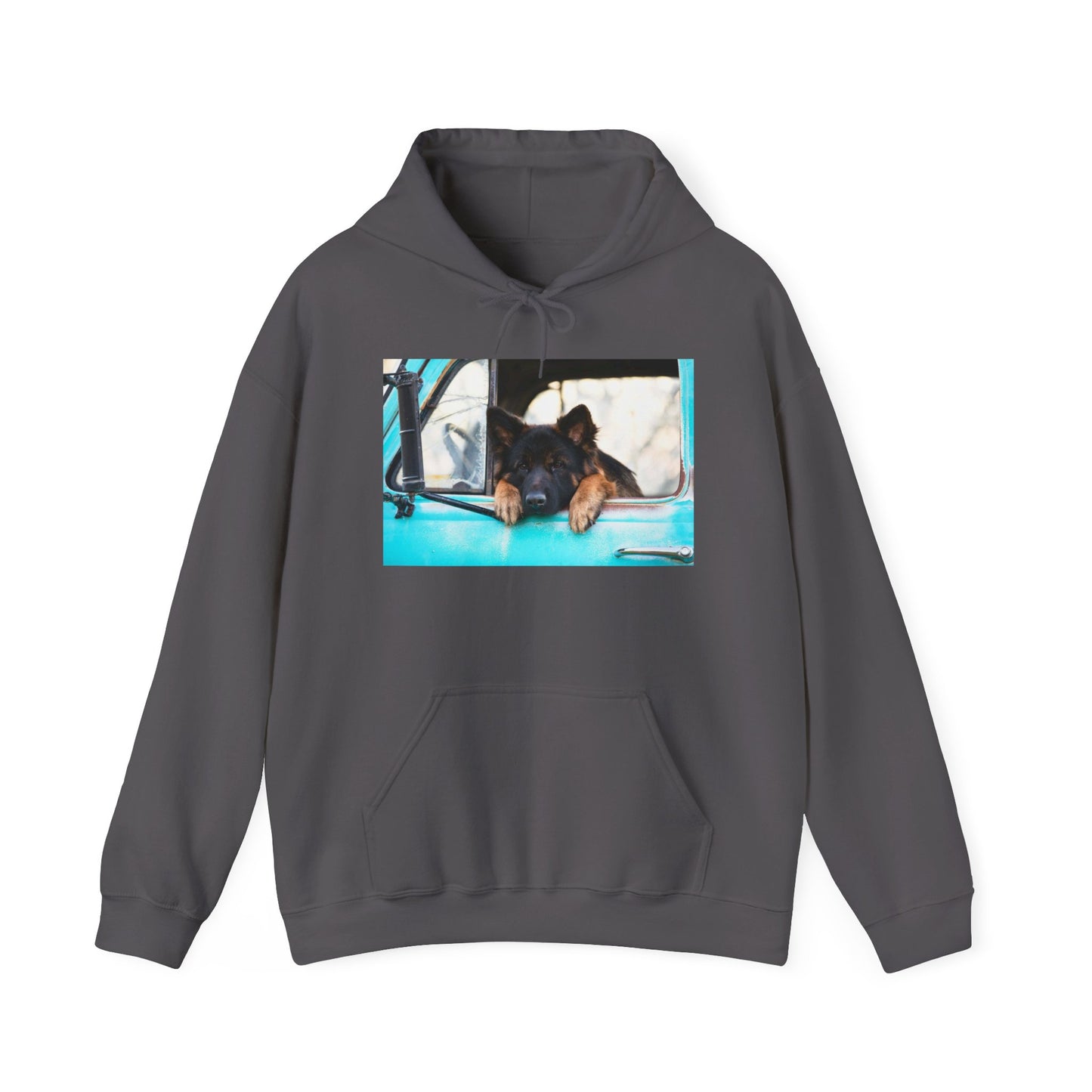 Unisex Dog Lover Hoodie With German Shepherd Puppy Putting His Head and Front Legs On The Truck Seat's Window