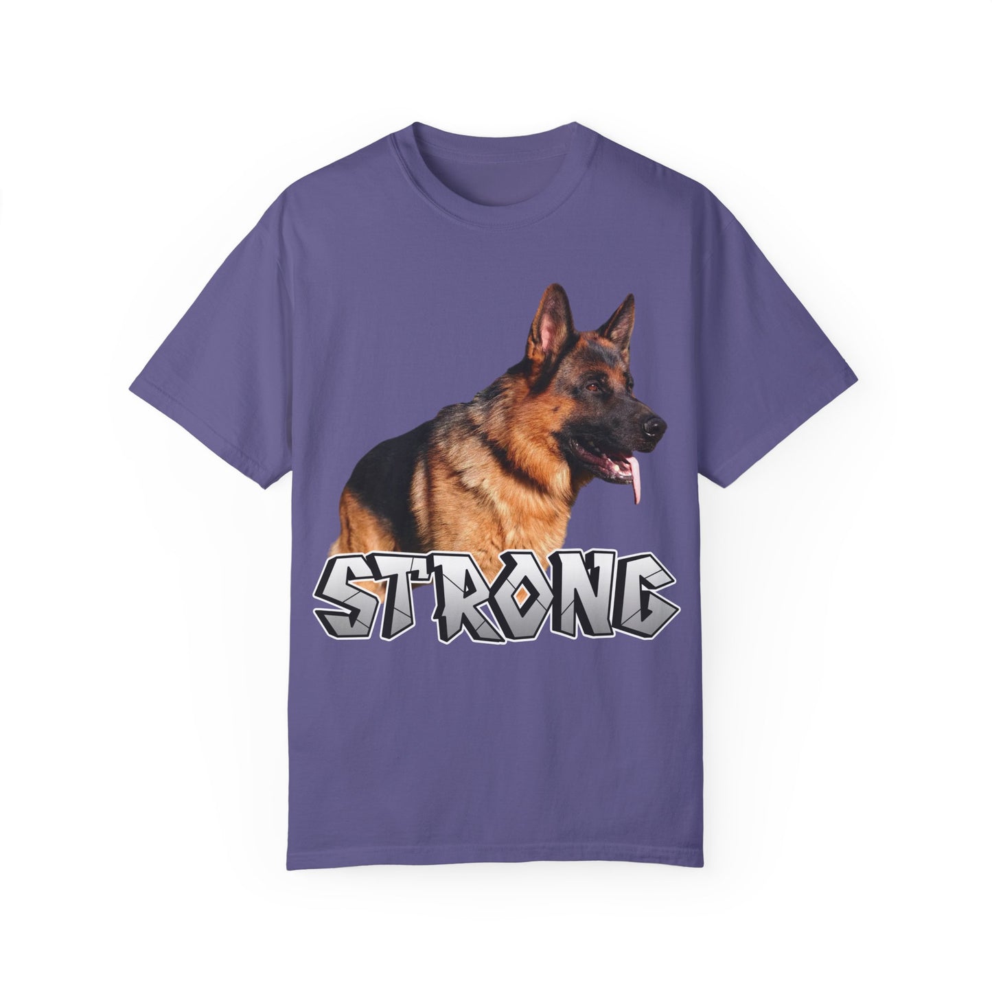 Unisex T-Shirt With German Shepherd Leaving Tongue Out Standing for a Pose and Text STRONG