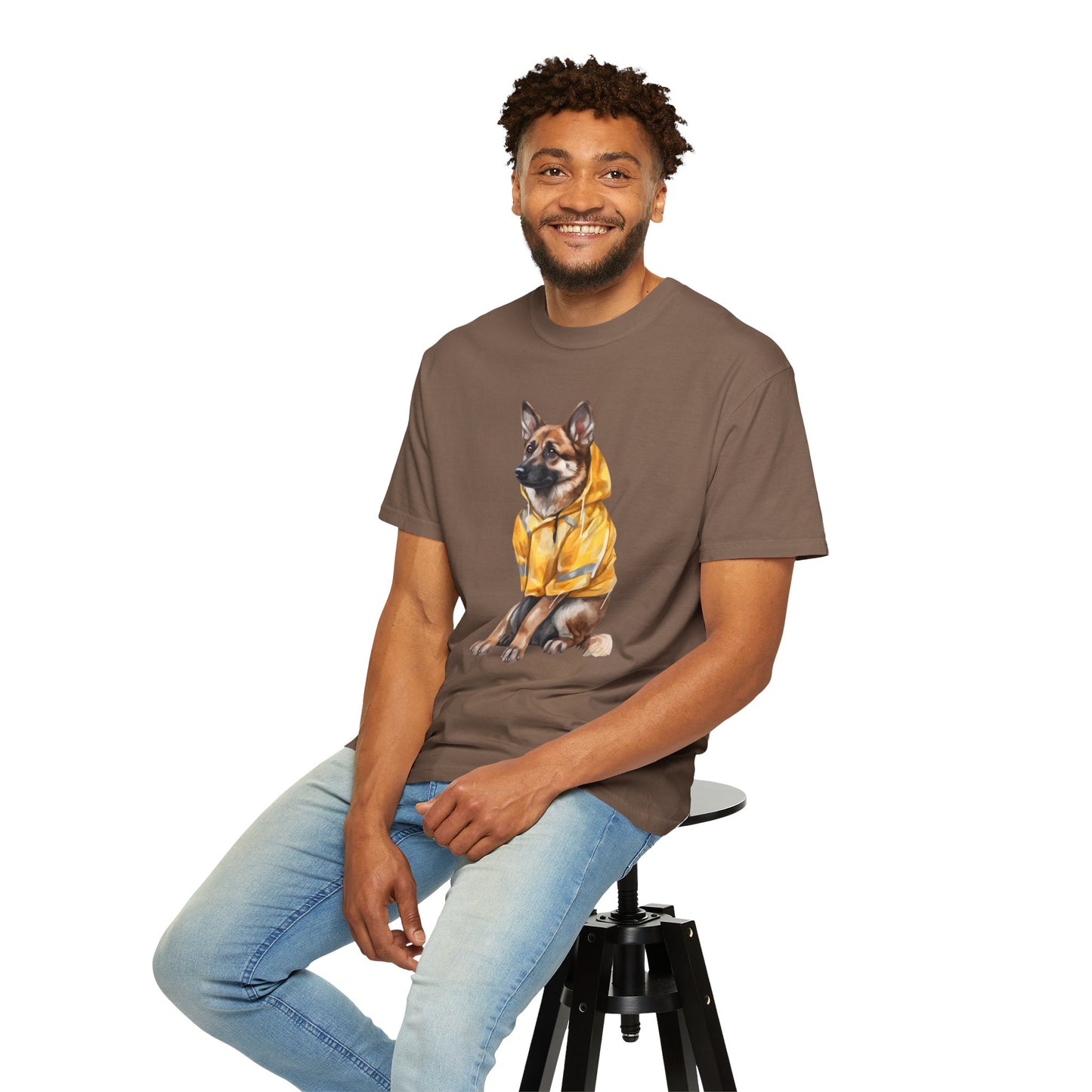 Unisex Dog Lover T-Shirt With a Graphic of German Shepherd Wearing a Yellow Rain Coat